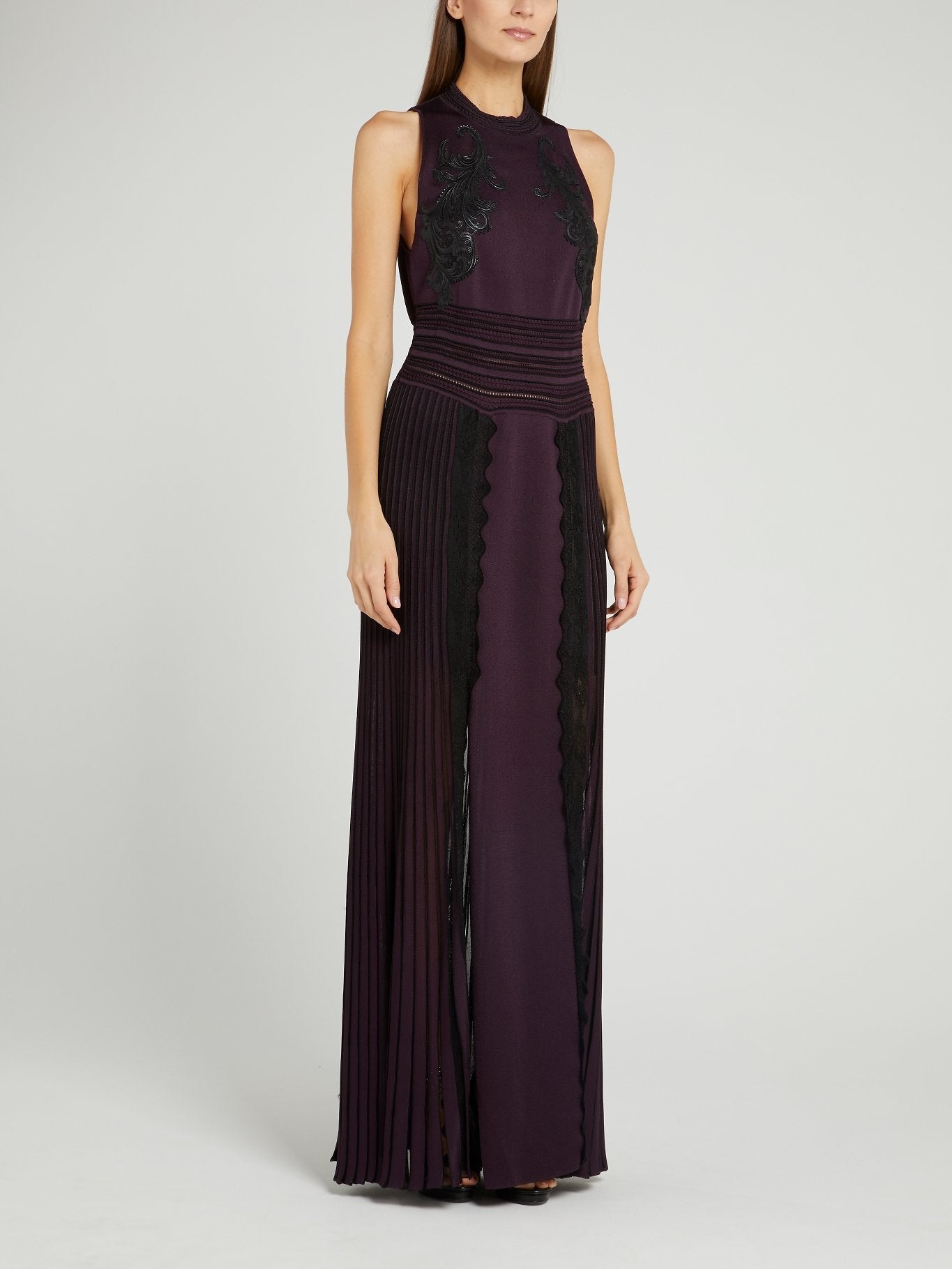 open lace back dress Roberto Cavalli Women's Embroidered Pleated Gown - Dark Orchid