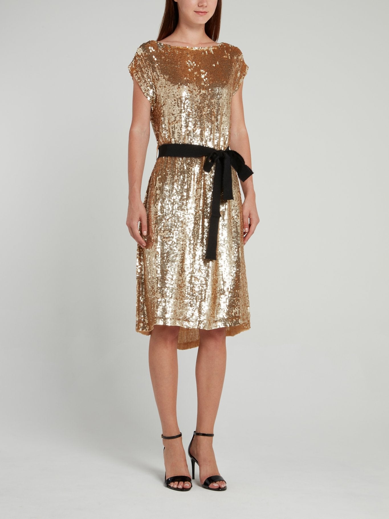 slim fit dress slacks Self-Portrait - Gold Rhinestone Drape Midi Dress main image 0