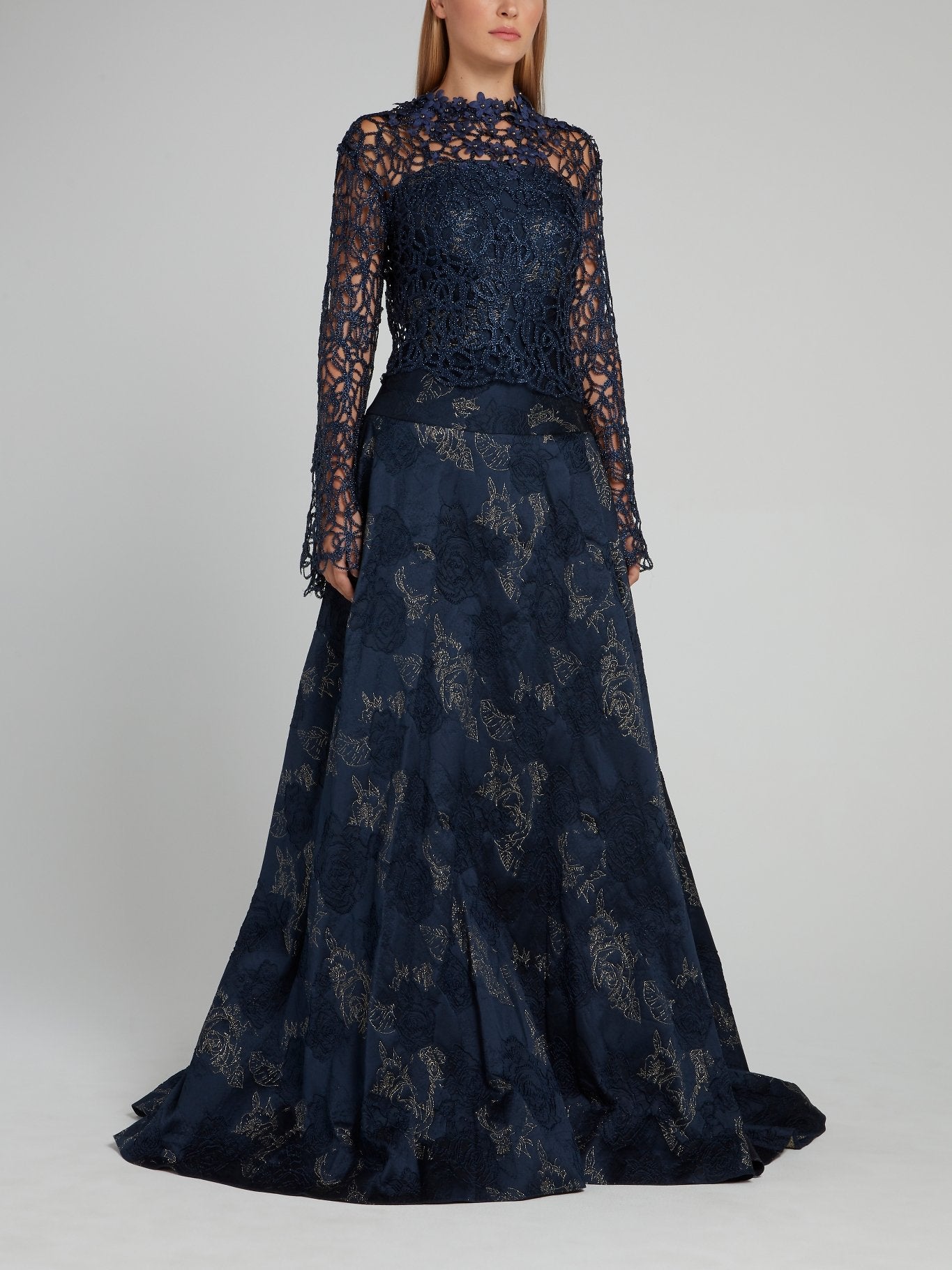 Beside Couture by Gemi Navy Floral Embellished Maxi Dress 40 / Navy