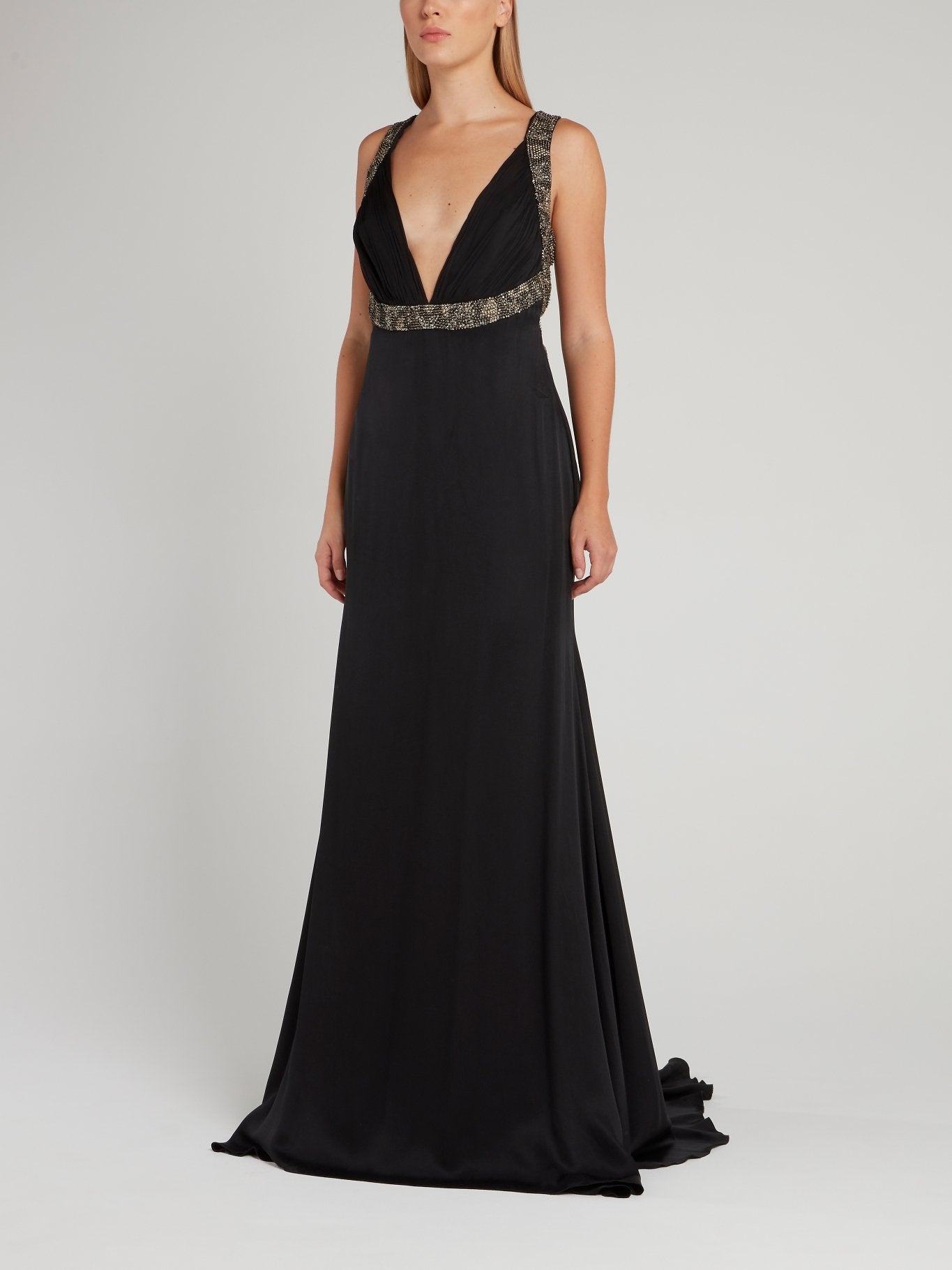 long black dress decollete Baltic Born Womens Roma Deep V Halter Gown | Black