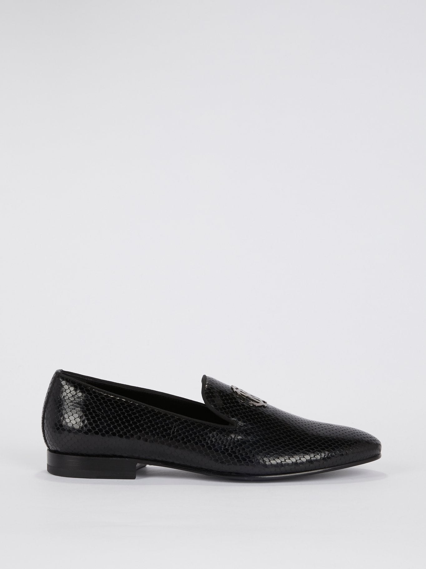 Roberto Cavalli Black Leather Loafers with Snake Detail Black Loafers With Monogram Mirror Snake in BLACK for Men  main image 3