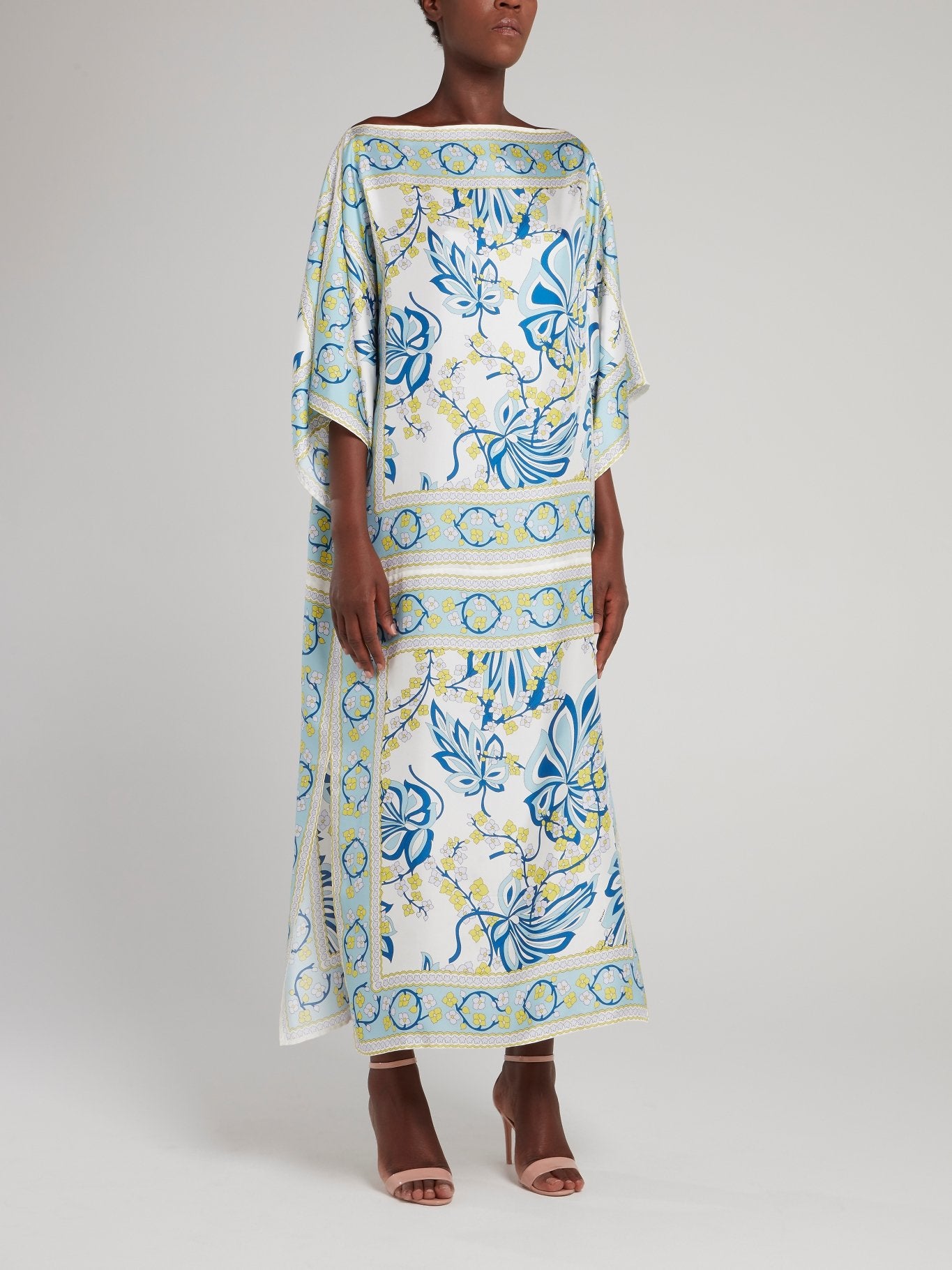 Parosh Light Blue Printed Boat Neck Maxi Dress S / Blue