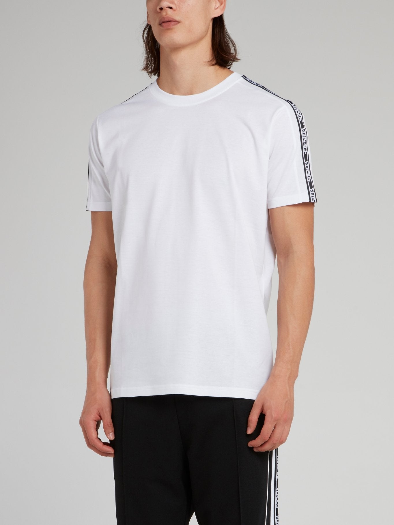 Shop Versus Versace White Shoulder Logo Tape T-Shirt Online 