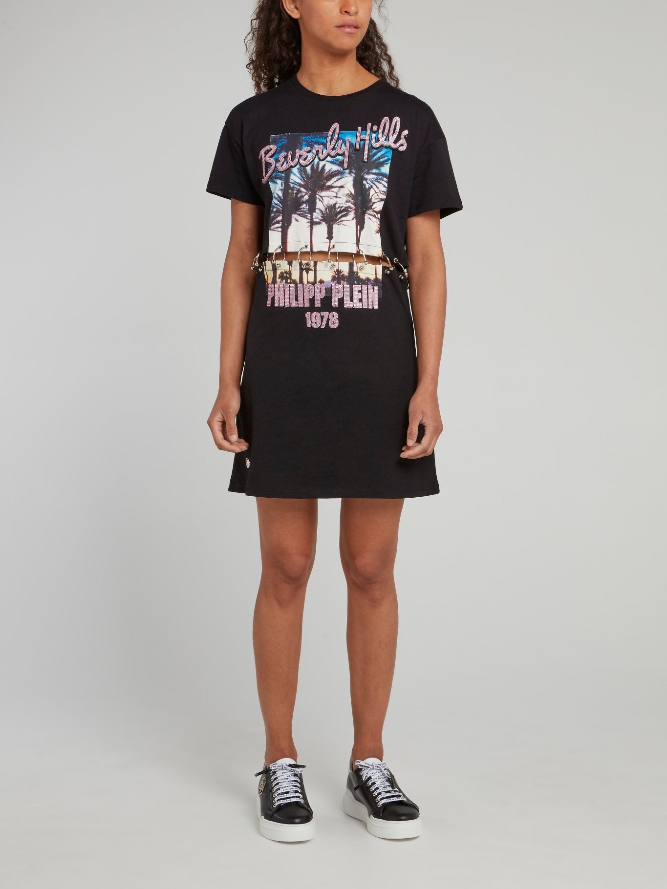 philipp plein dress black Black Ring Waist Embellished Graphic T-Shirt Dress