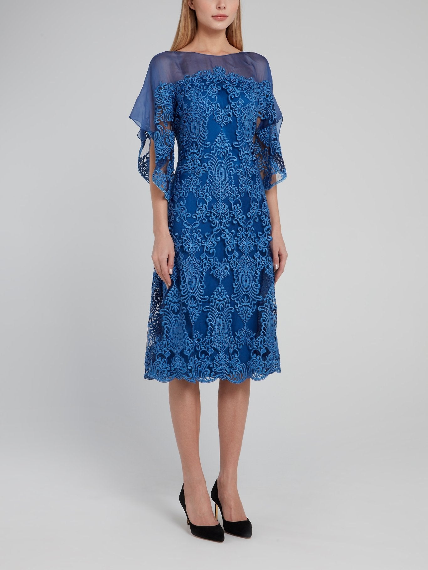 Gemy Blue Embroidered Mesh Panel Midi Dress 48 / Blue
