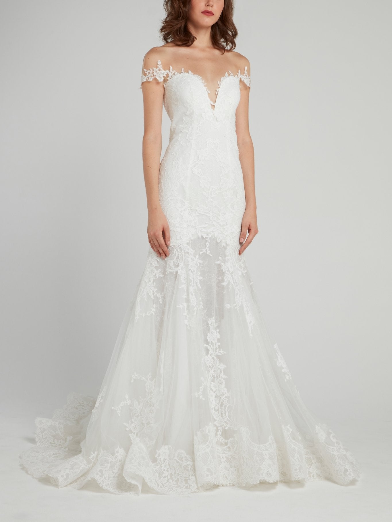 pleated mermaid wedding dress Alessandro Angelozzi Couture Off-The-Shoulder Pleated Mermaid Bridal Gown