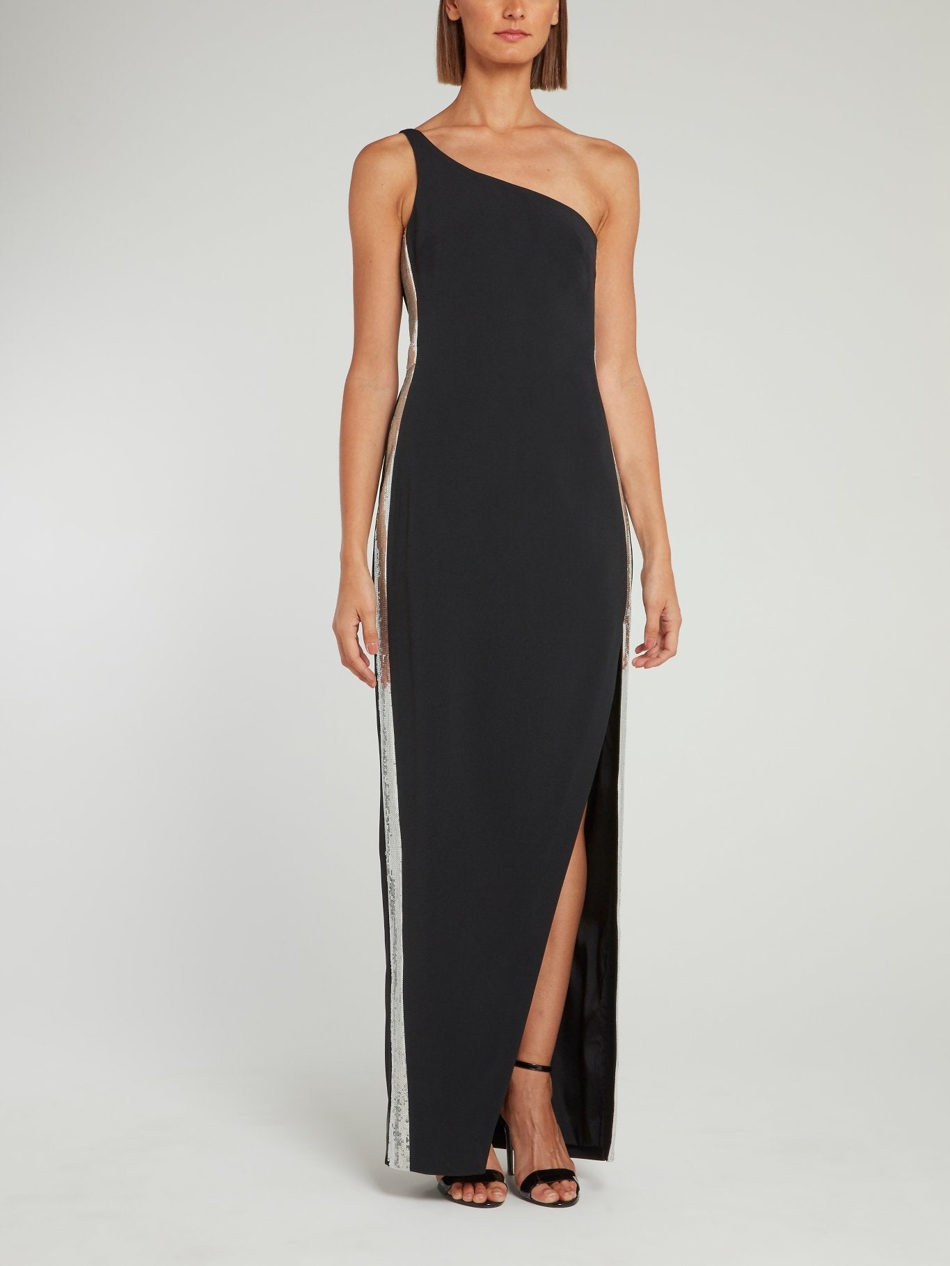 David Koma Black Sequin Side Panel One Shoulder Gown 10 / Black