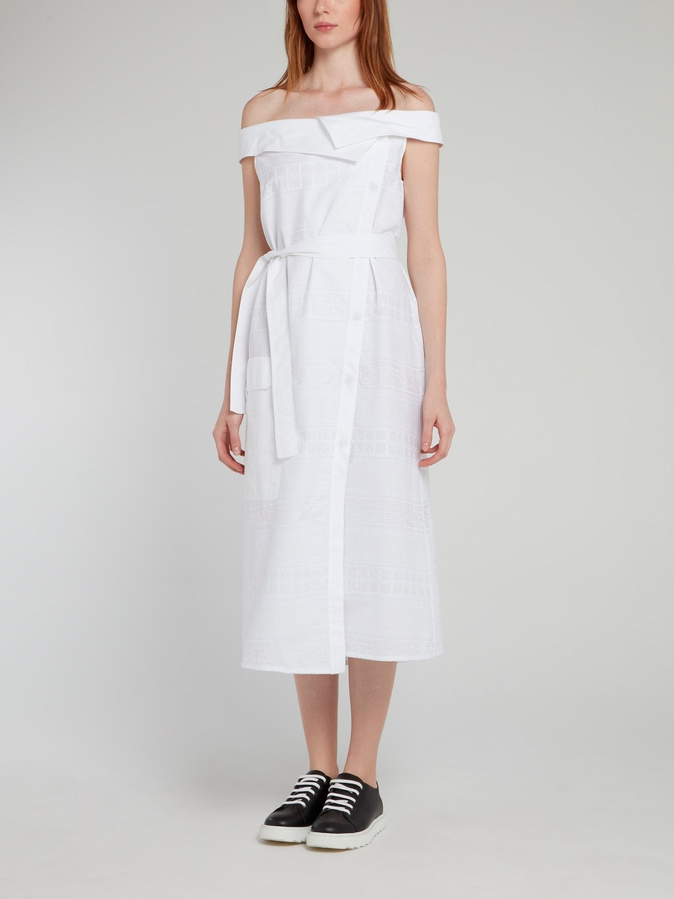 White Off-The-Shoulder Tie Front Midi Dress White Off-The-Shoulder Tie Front Midi Dress