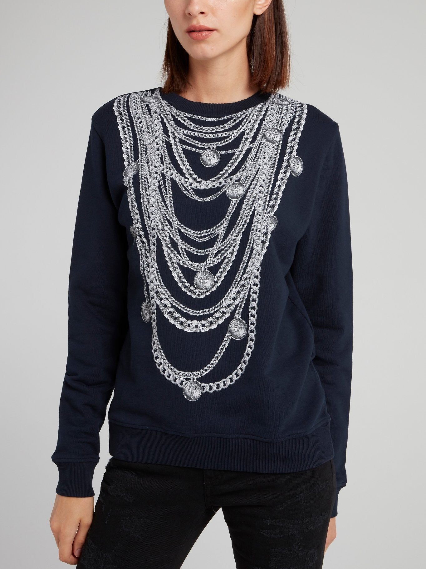 Темно-синий свитшот с принтом с цепями