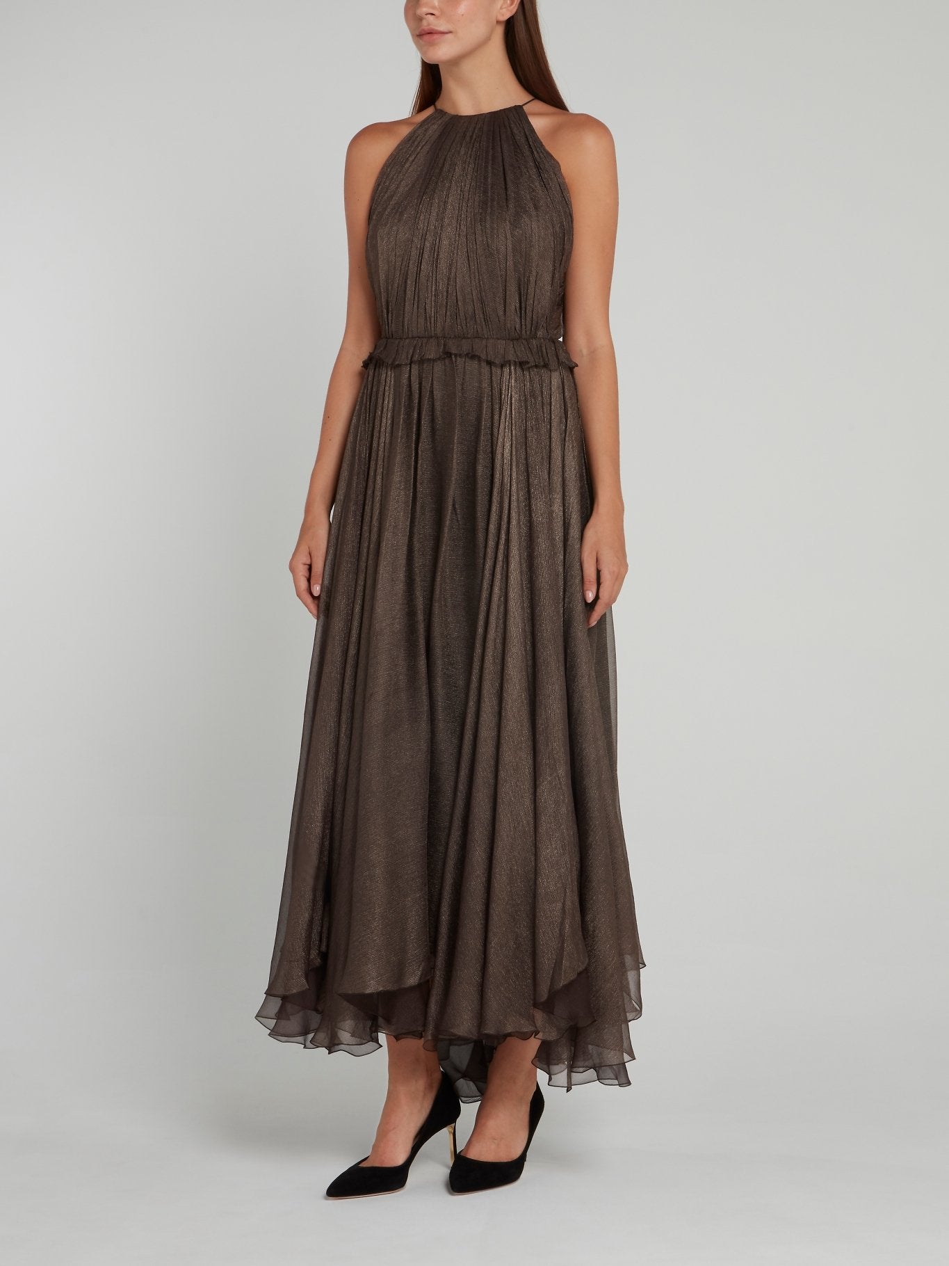 Maria Lucia Hohan Frill Halter Silk Maxi Dress 38 / Brown