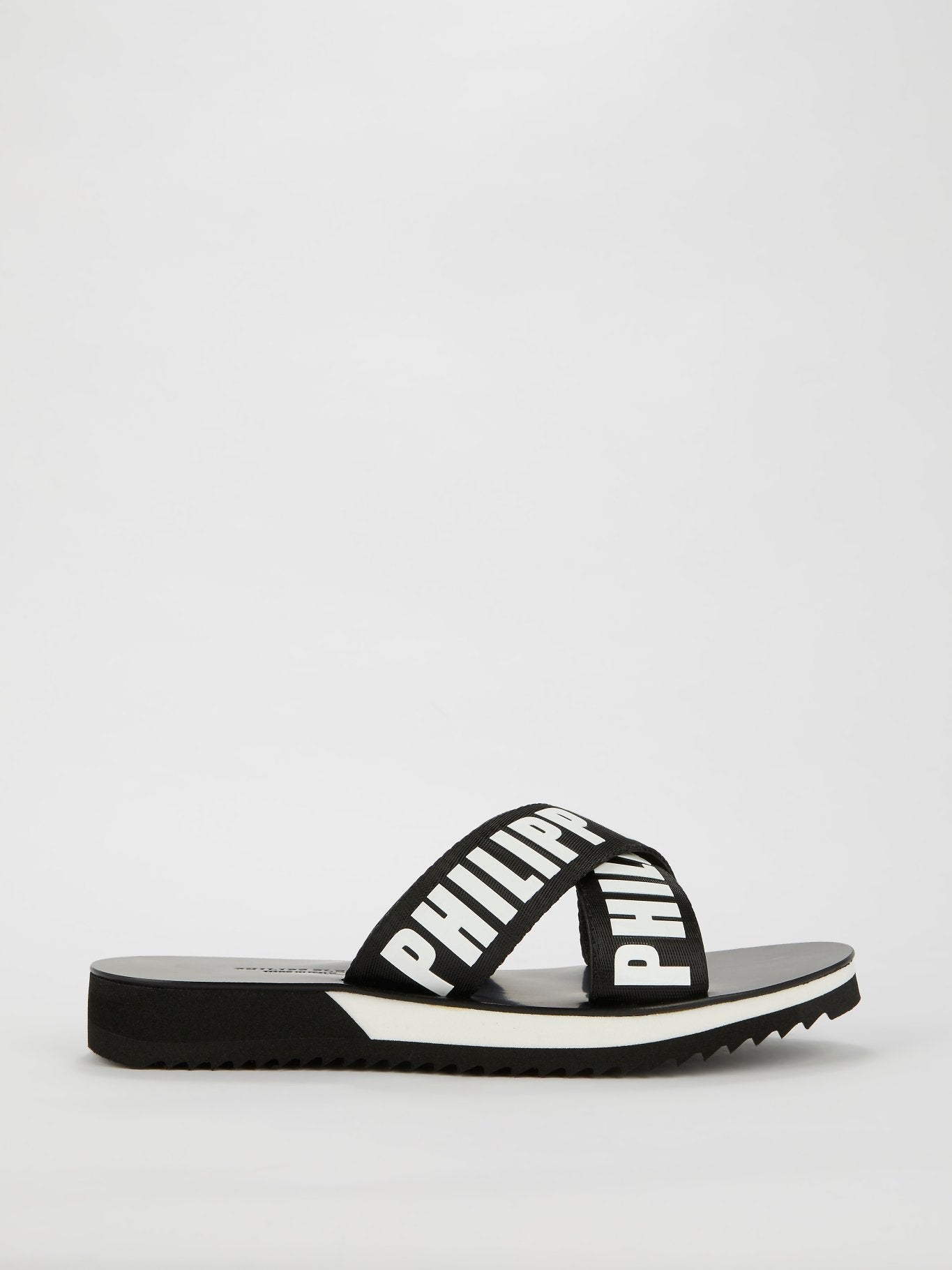 Philipp Plein Sandals Philipp Plein Metallic logo black leather flat sandals  main image 2
