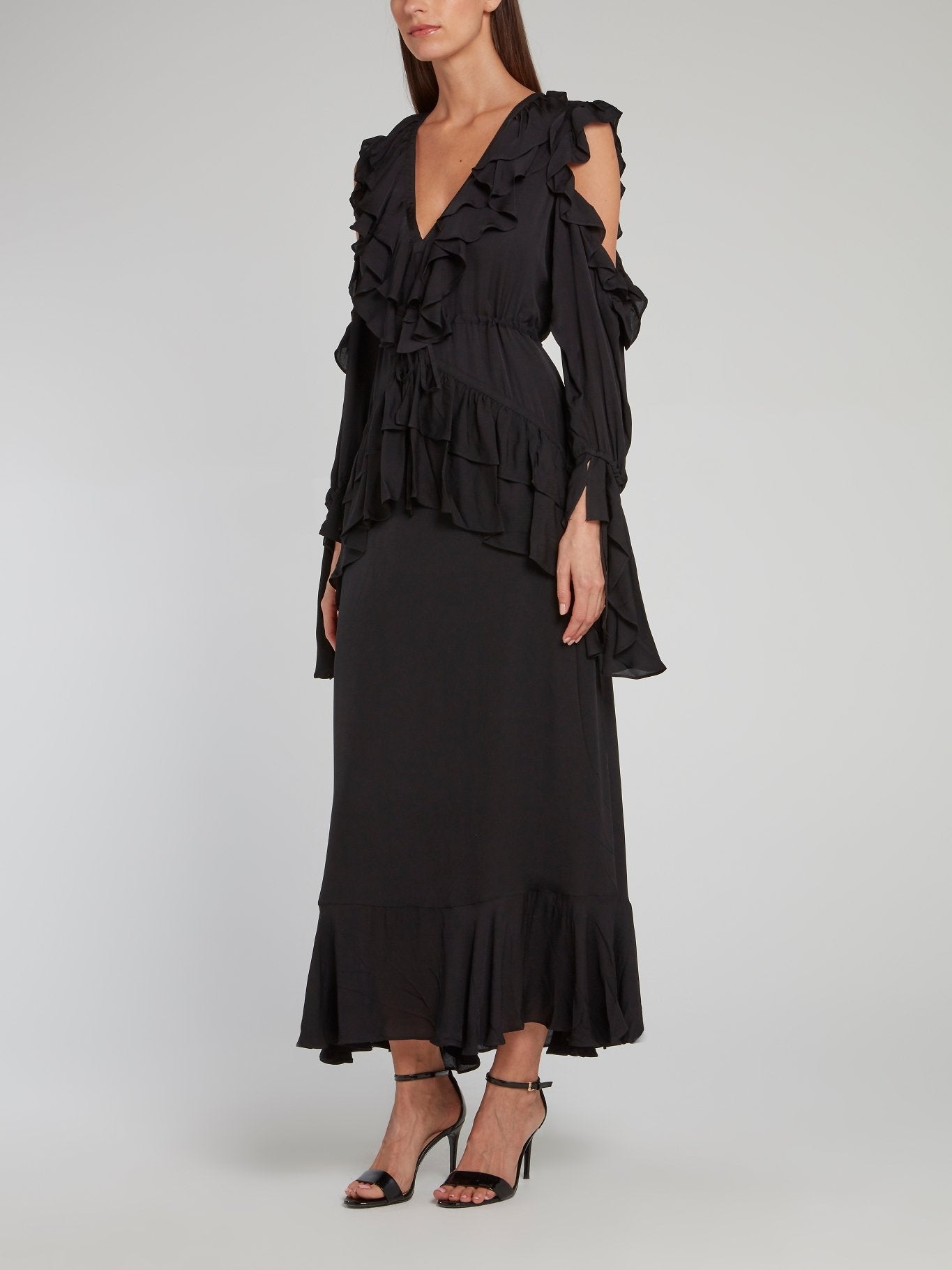 black frill midi dress Odd People Sarah Black Ruffle Midi Dress L / Black