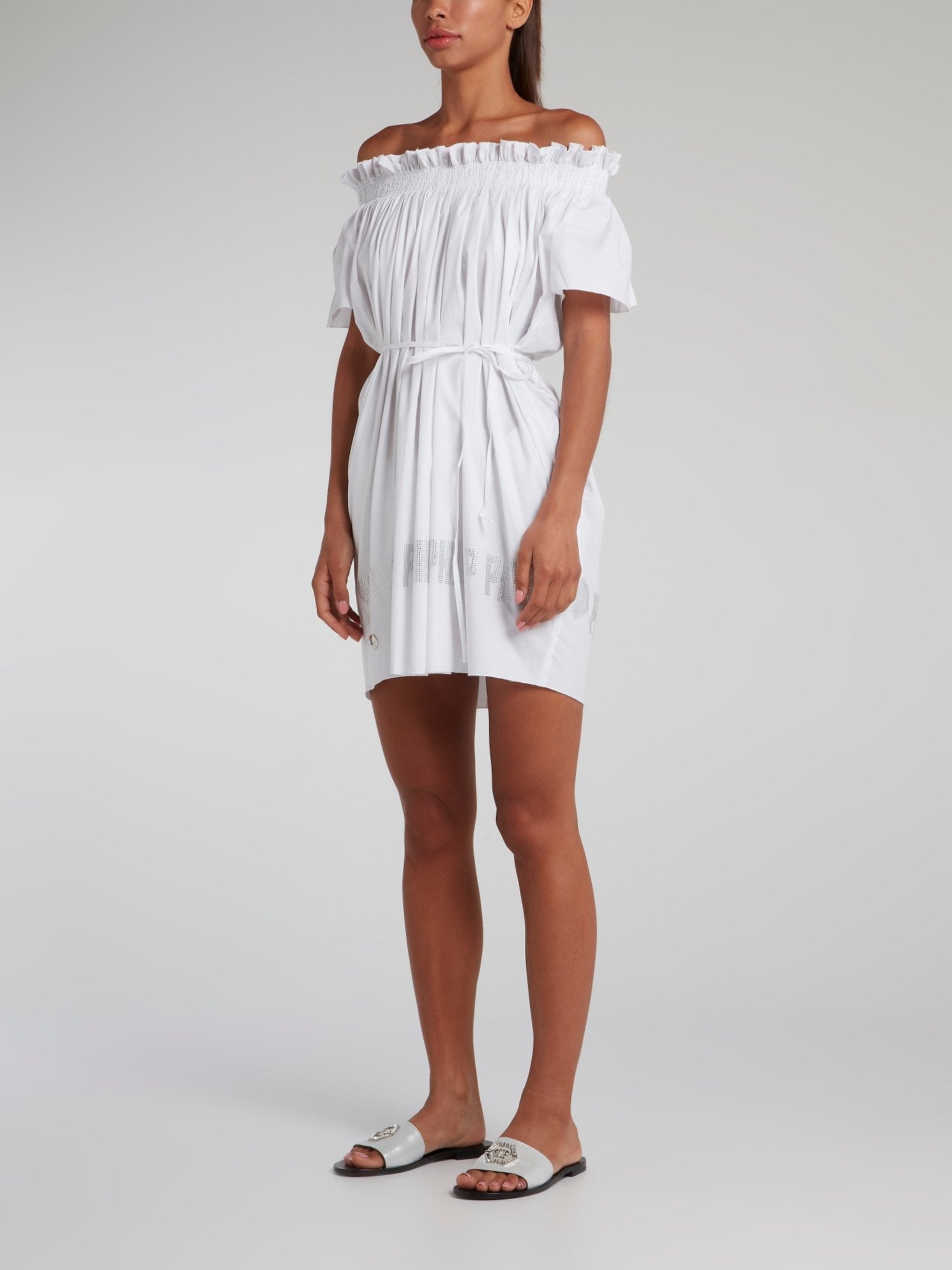 white smocked off the shoulder dress White Smocked Off-The-Shoulder Dress