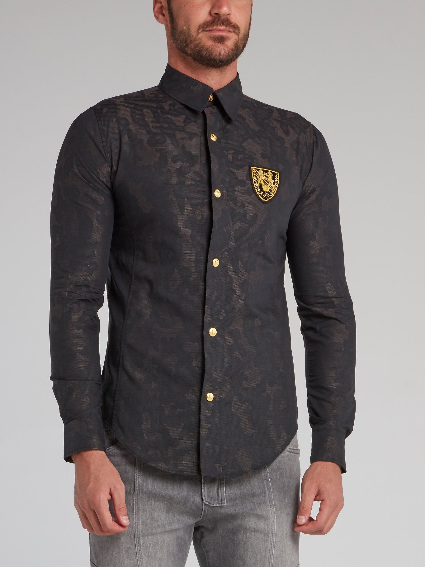 Richard Valentine Black Button Up Camo Shirt L / Black
