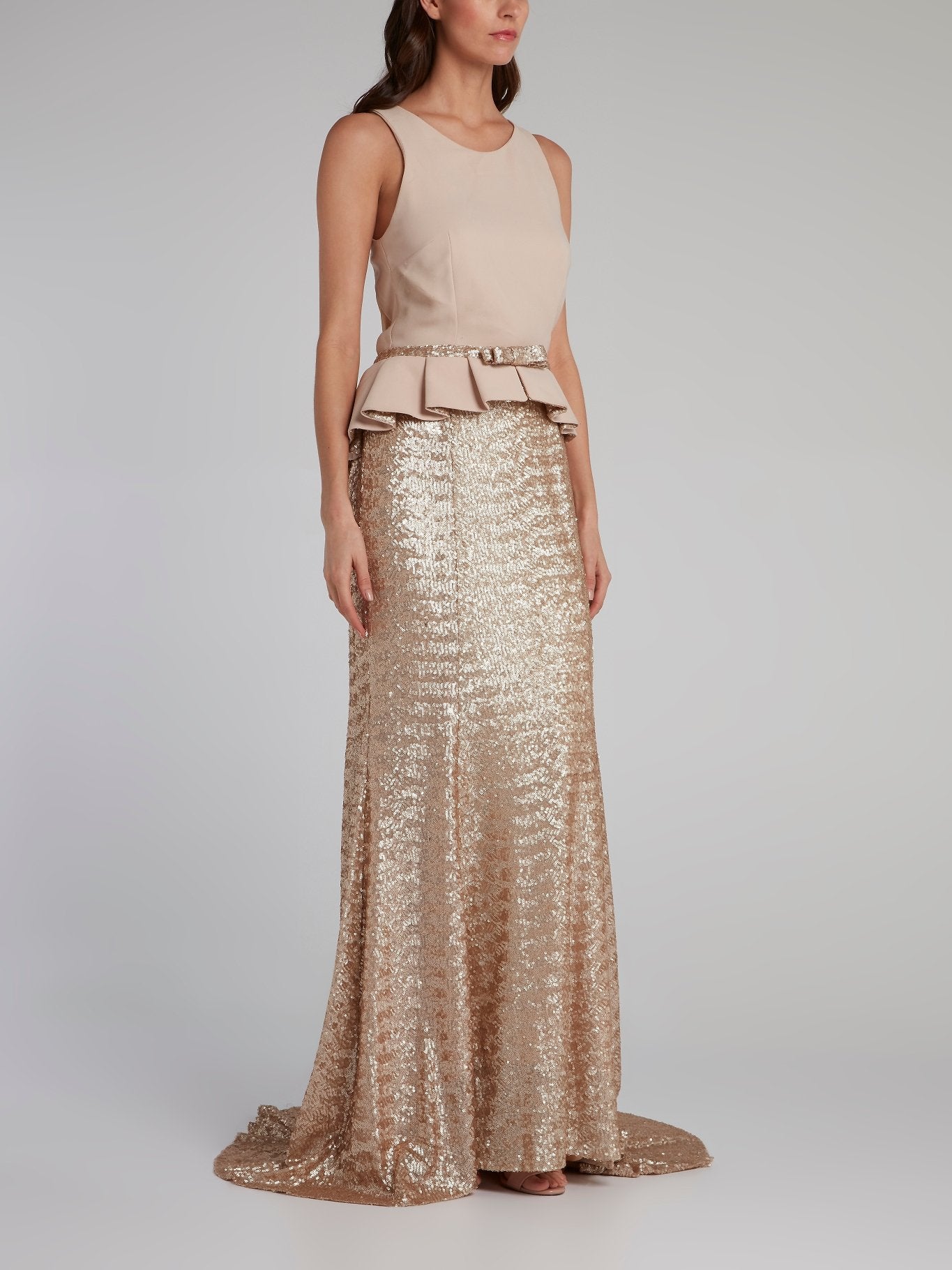 Tuvanam Gold Sequin Peplum Maxi Dress Tuvanam Gold Sequin Peplum Maxi Dress