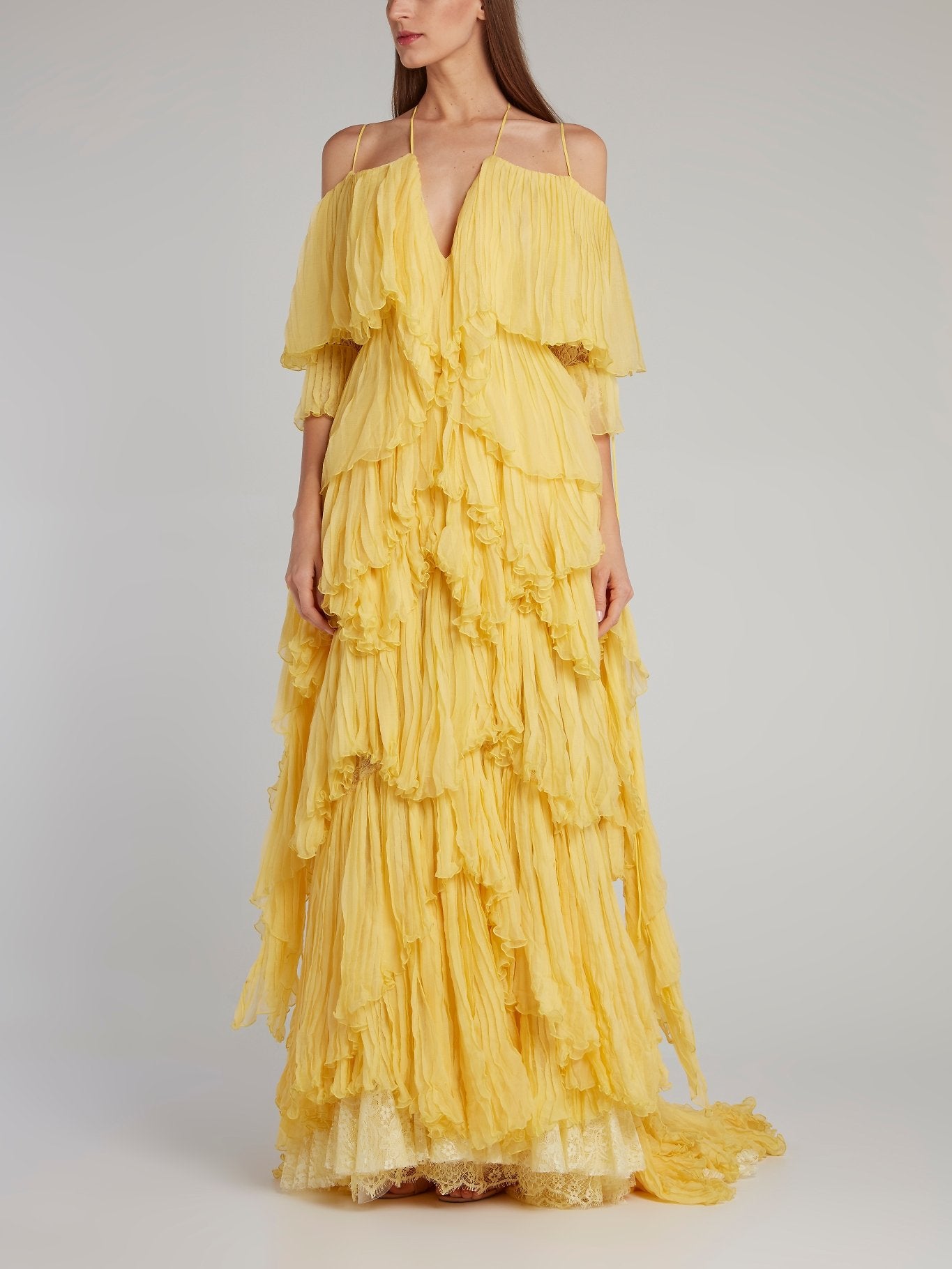 yellow tiered dress Yolancris Yellow Tiered Pleated Evening Dress 38 / Yellow