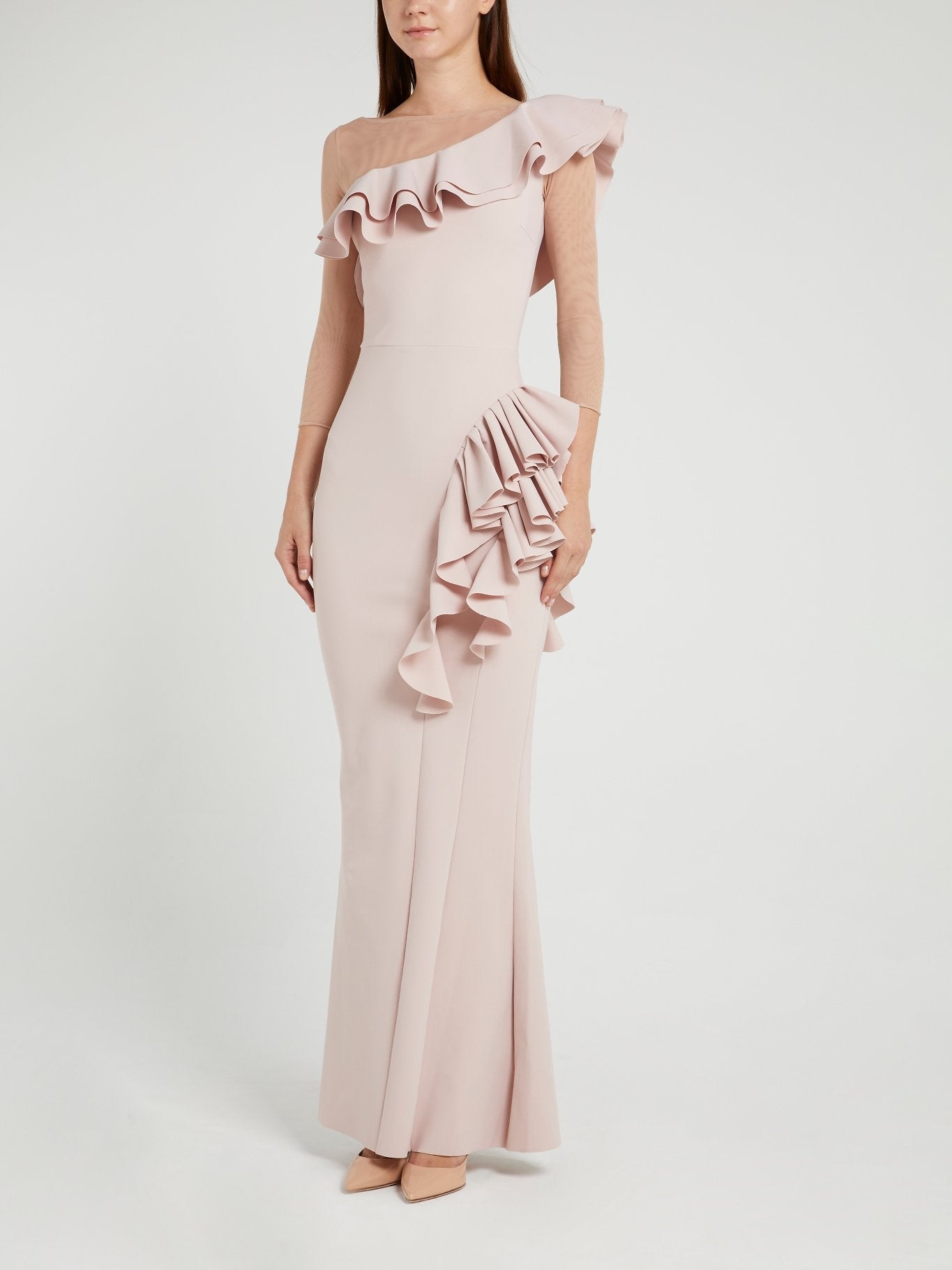 fitted lace wedding dress Ariella Jewel Neck Illusion Maxi Dress – Maggy London main image 1