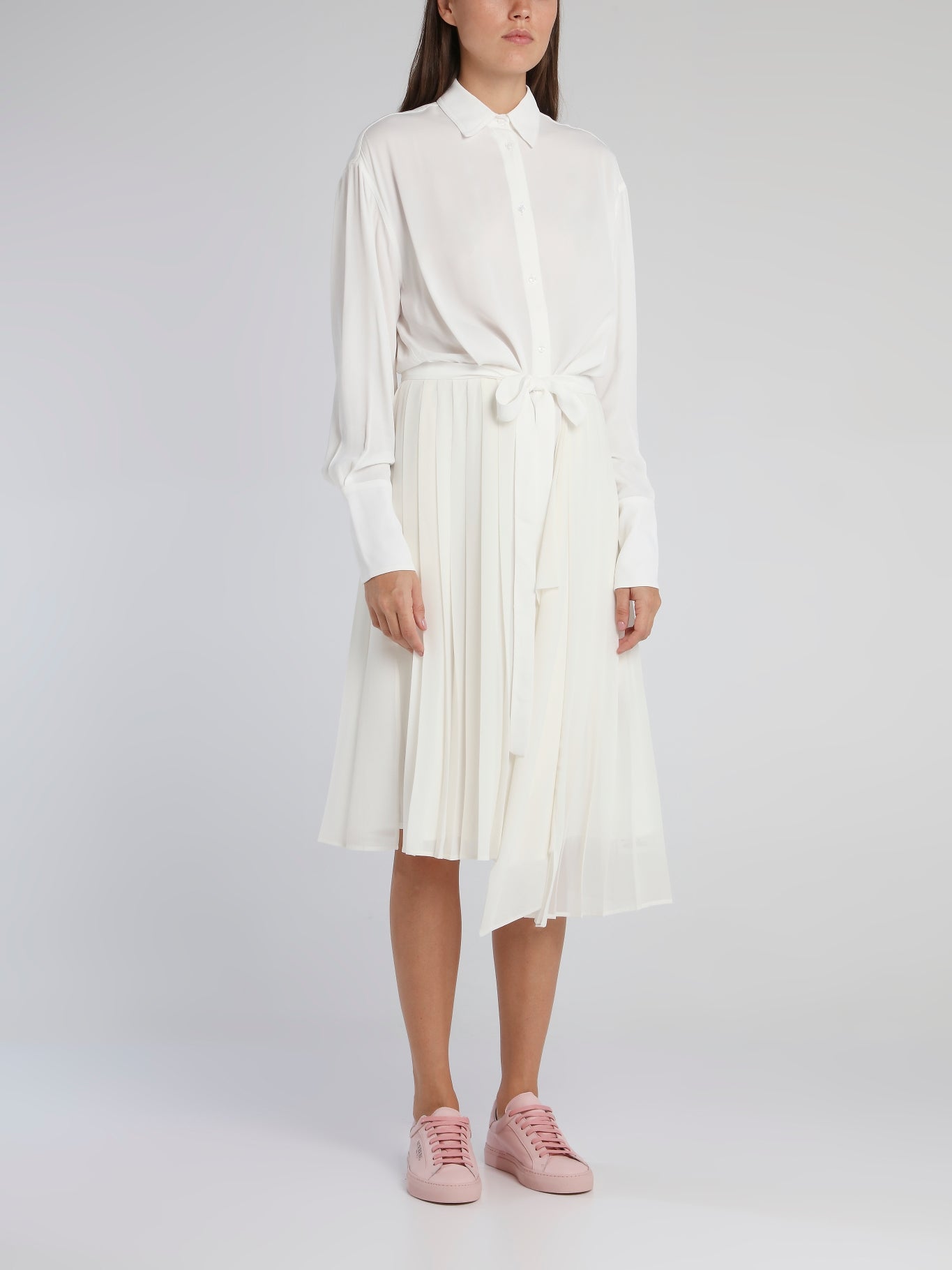 accordion pleated dress white White Accordion Pleated Shirt Dress