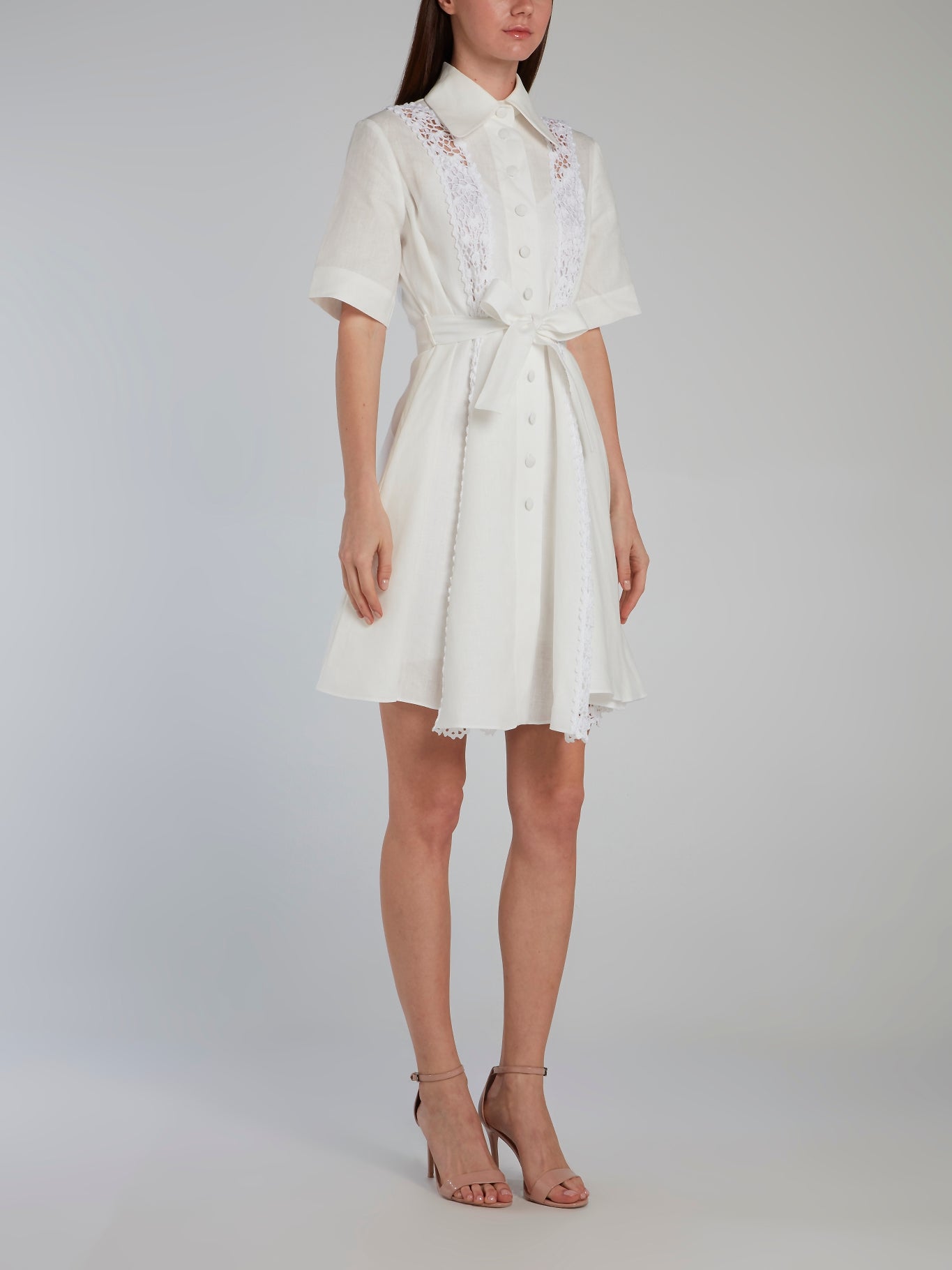 Liya White Crochet Panel Linen Shirt Dress 42 / White