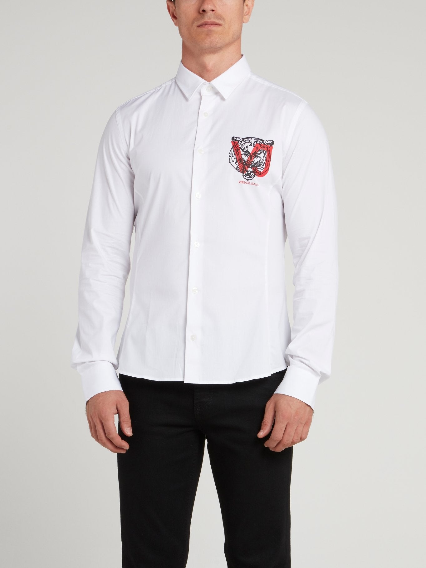 Shop Versace Jeans White Tiger Print Logo Long Sleeve Shirt Online 