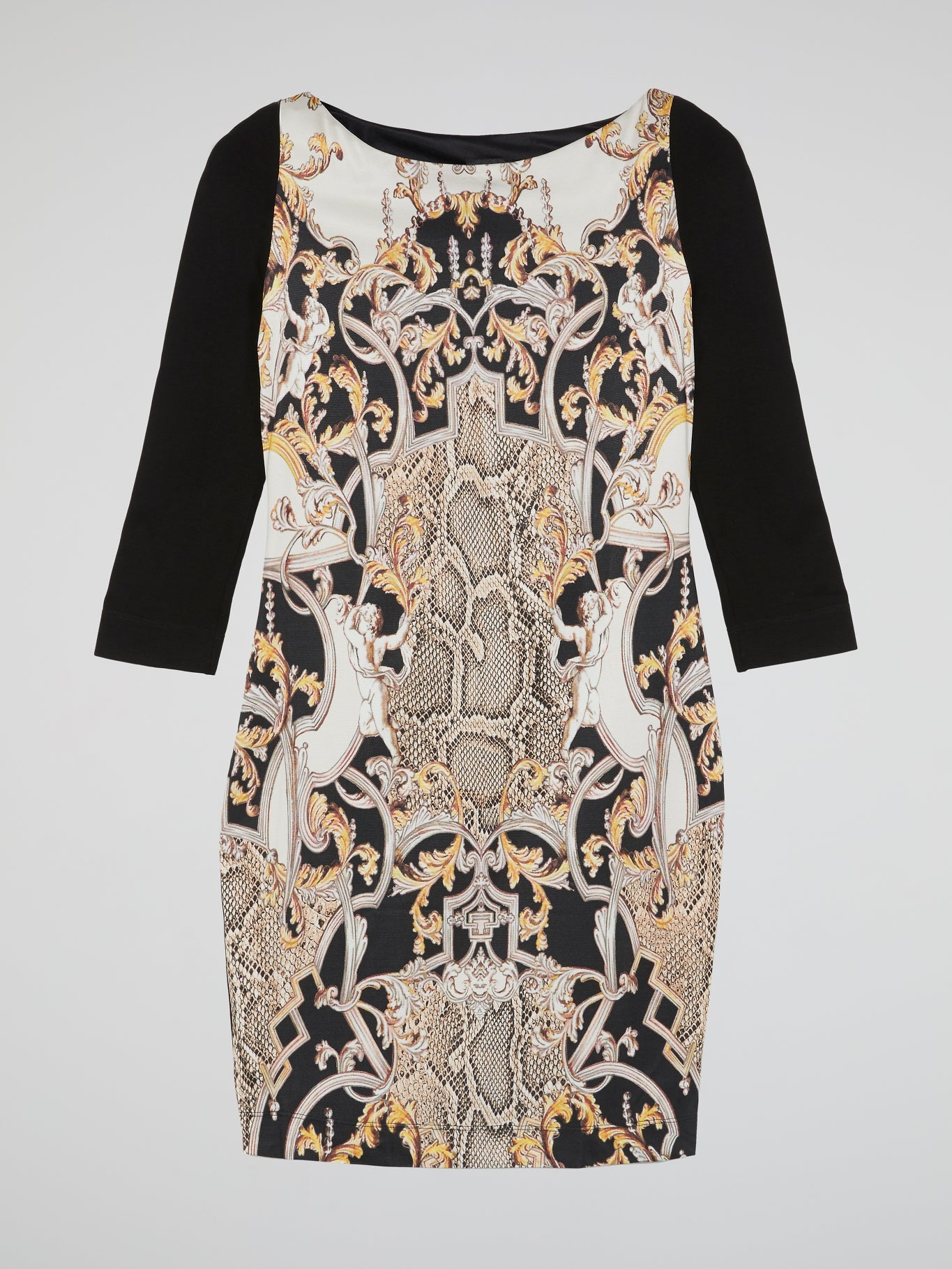 blue dress for baby girl Harper, Black & Gold Baroque Floral Print Batwing Viscose Dress With T main image 1