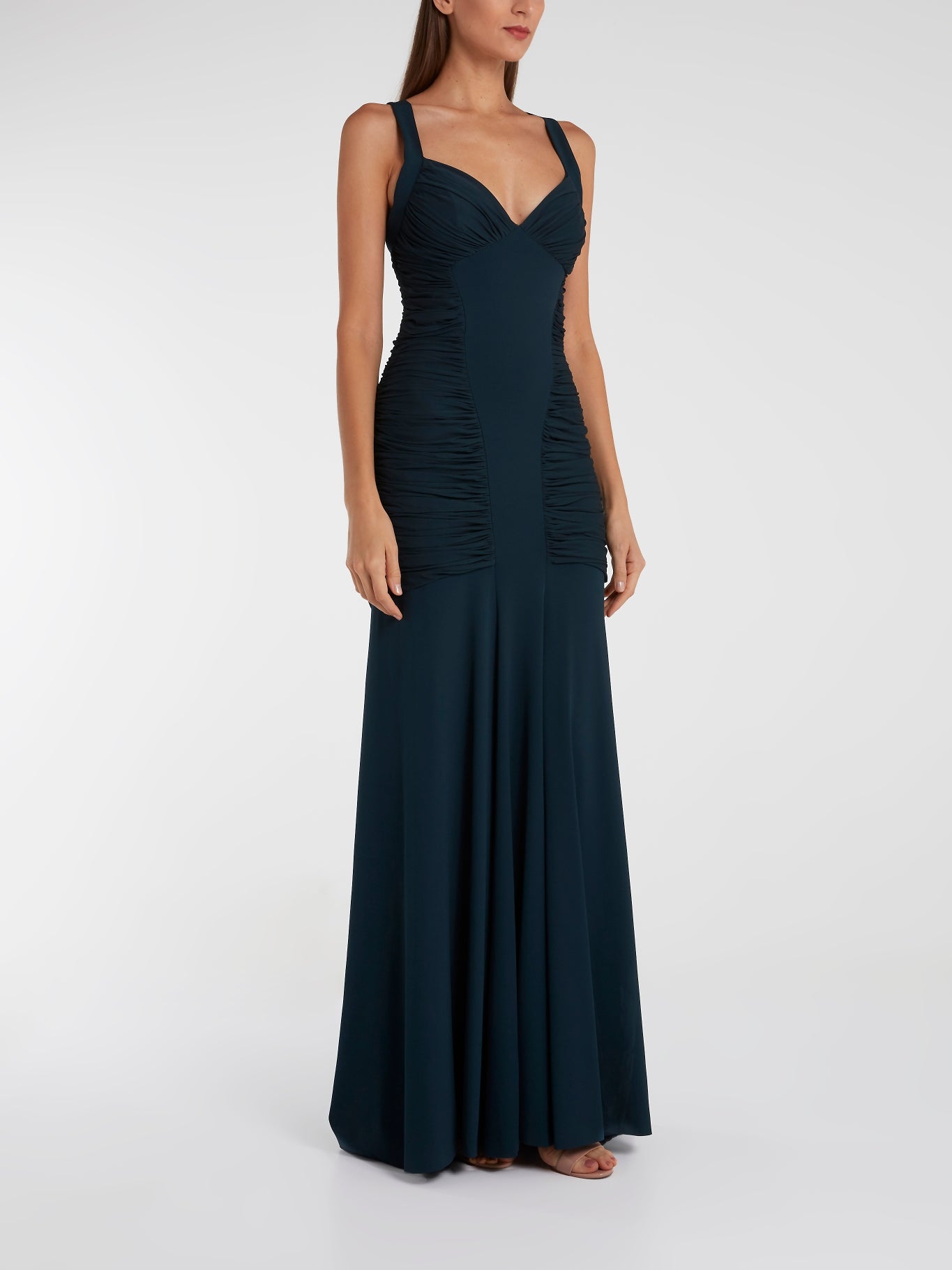 Herv L. Leroux Navy Ruched Long Tail Maxi Dress