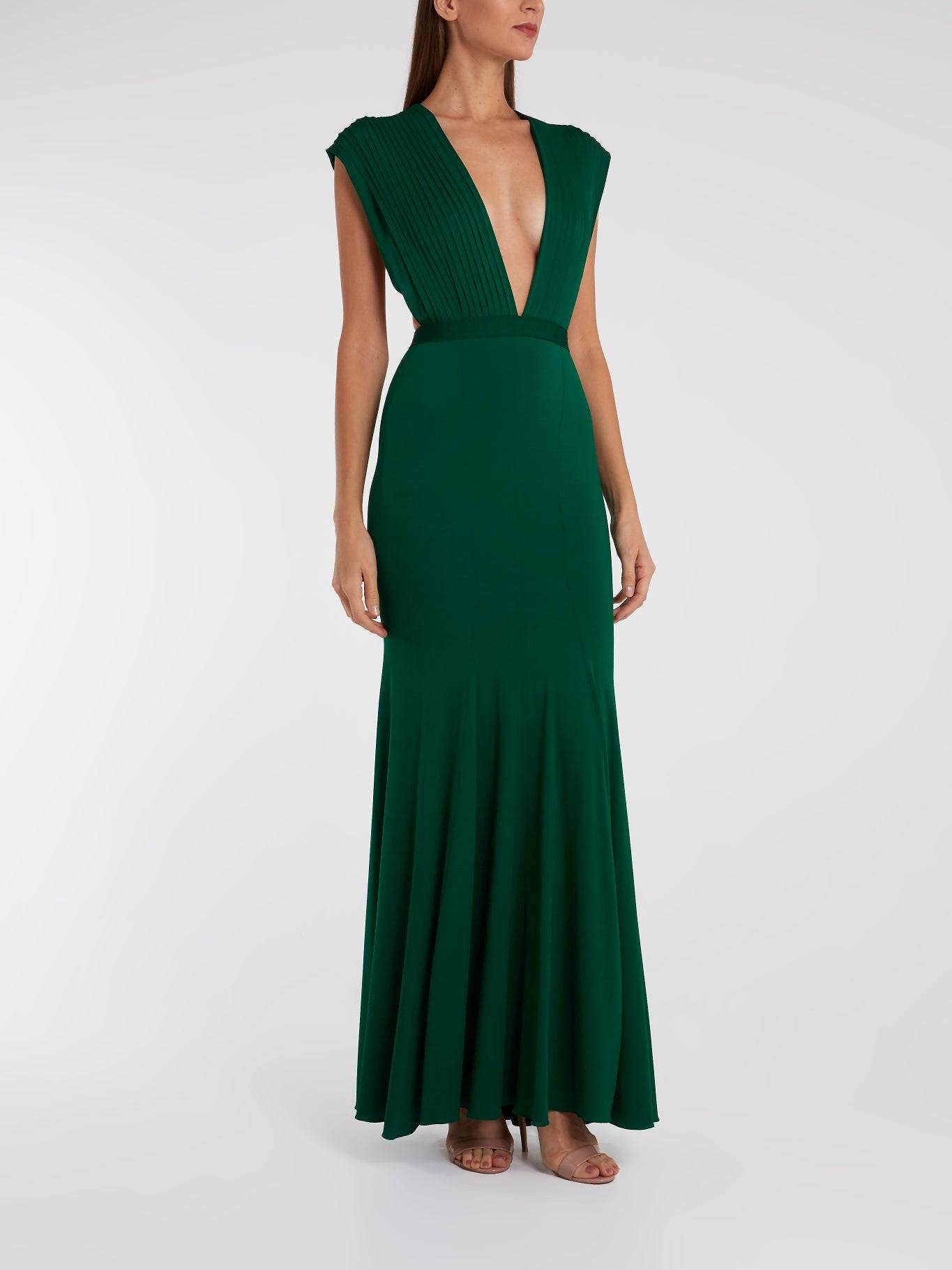 Herv L. Leroux Green Pleated Plunge Maxi Dress 36 / Green Herv L. Leroux Green Pleated Plunge Maxi Dress 36 / Green