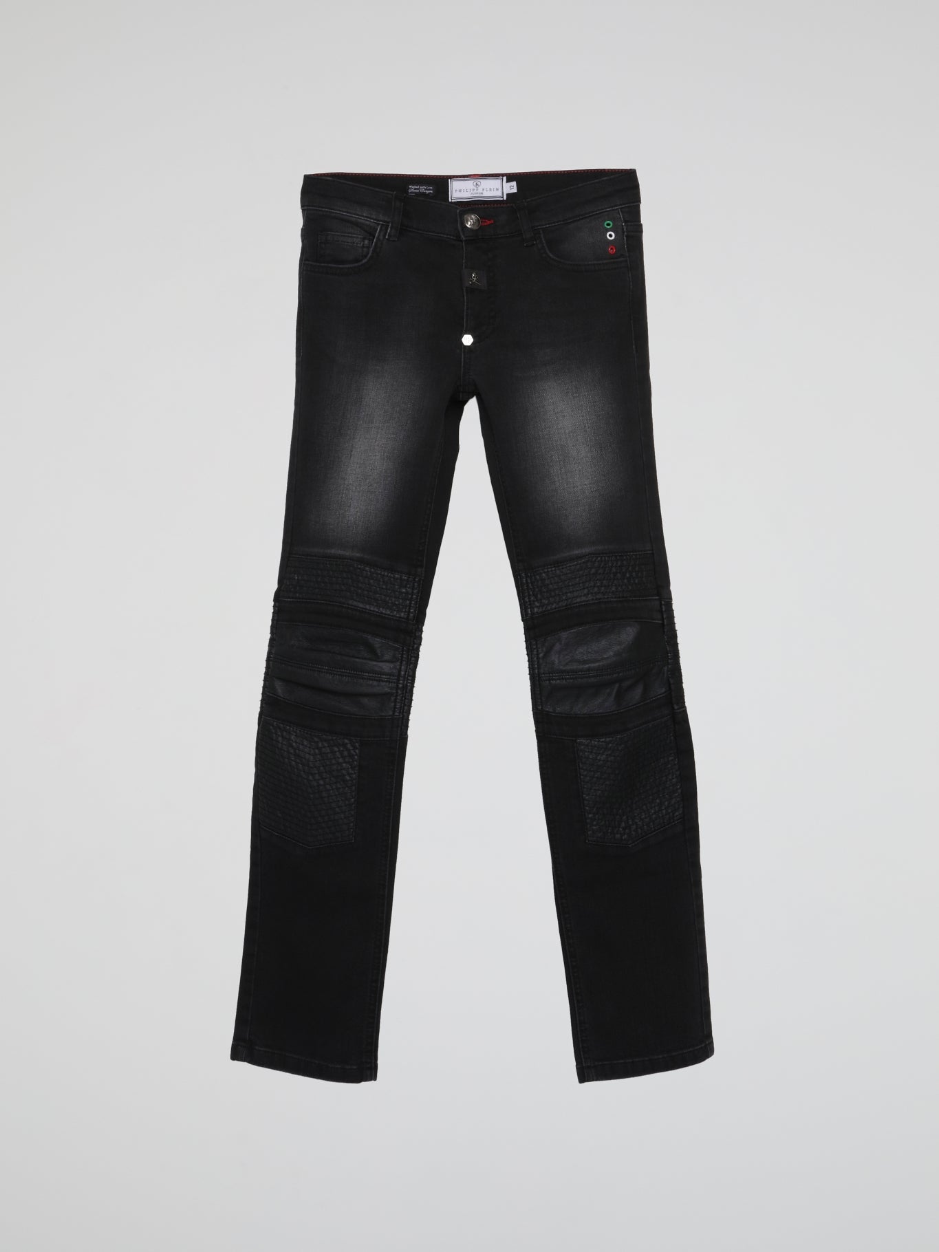 black leather patched denim pants by neil barrett