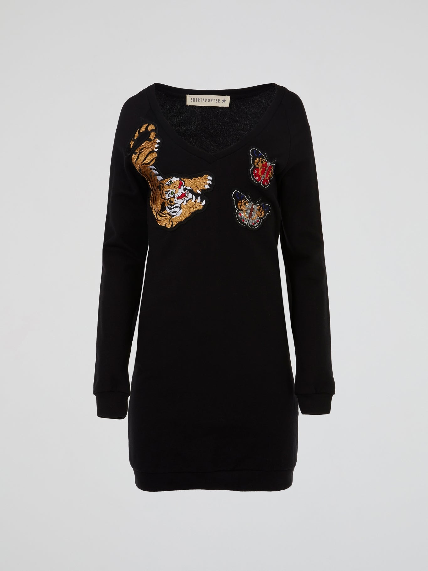 Shirtaporter Black Embroidered Tiger With Butterflies Mini Dress 40 / Black