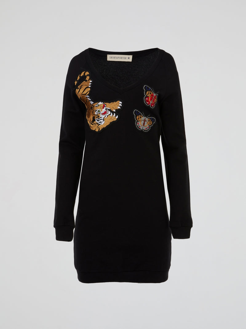 Black Embroidered Tiger With Butterflies Mini Dress
