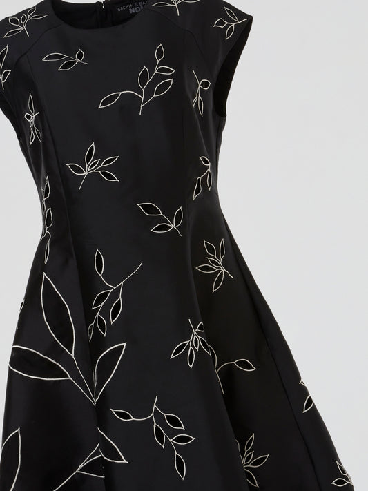 Black Botanical Embroidered Flare Midi
