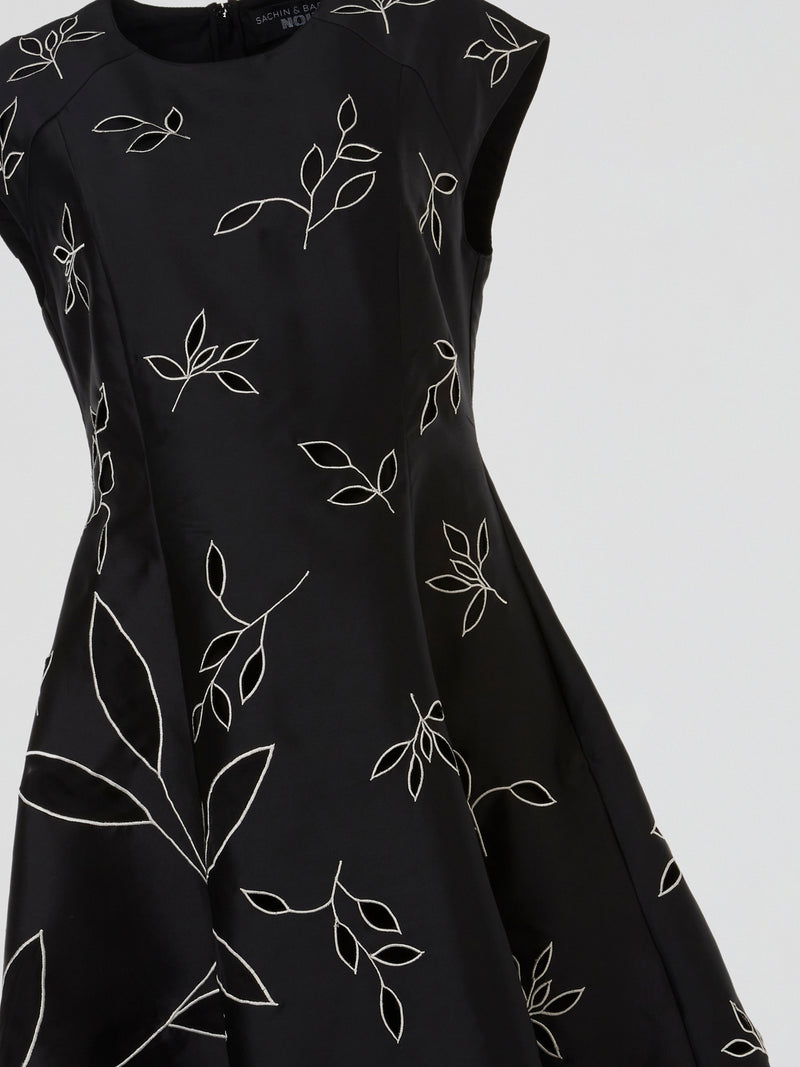 Black Botanical Embroidered Flare Midi