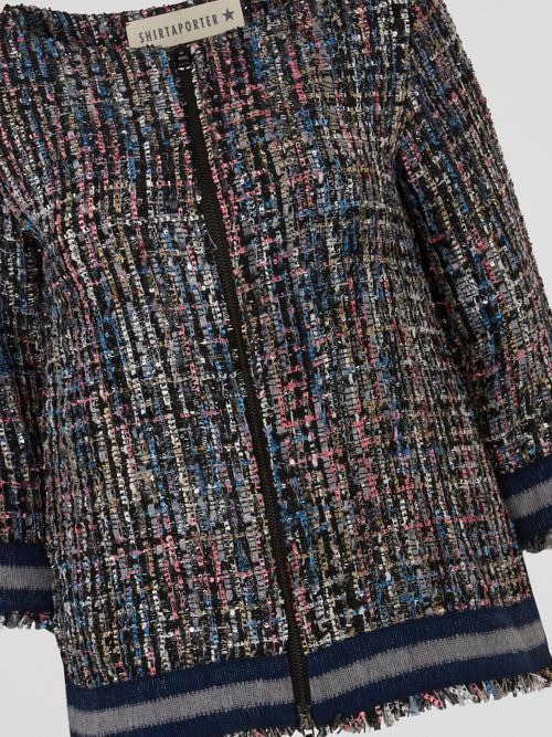 Multicolour Tweed Textured Zip Front Jacket