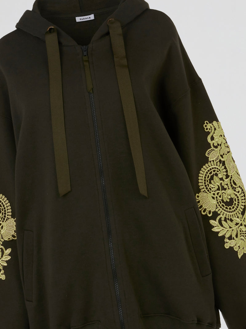 Olive Baroque Embroidered Full Zip Hoodie