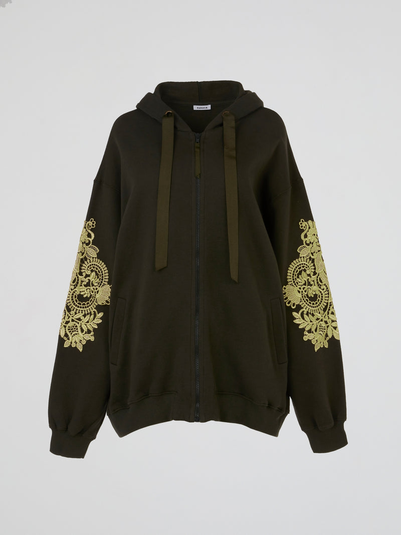 Olive Baroque Embroidered Full Zip Hoodie