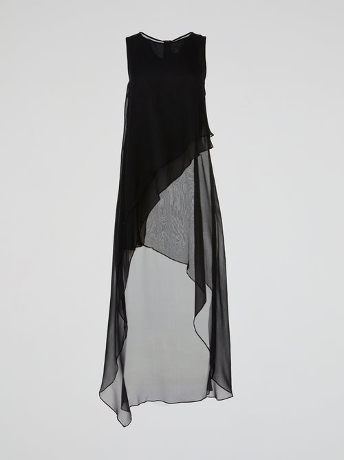 Black Sheer Layered Asymmetric Maxi Dress