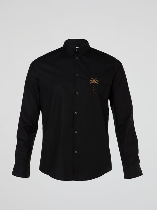Black Palm Tree Embroidered Long Sleeve Shirt