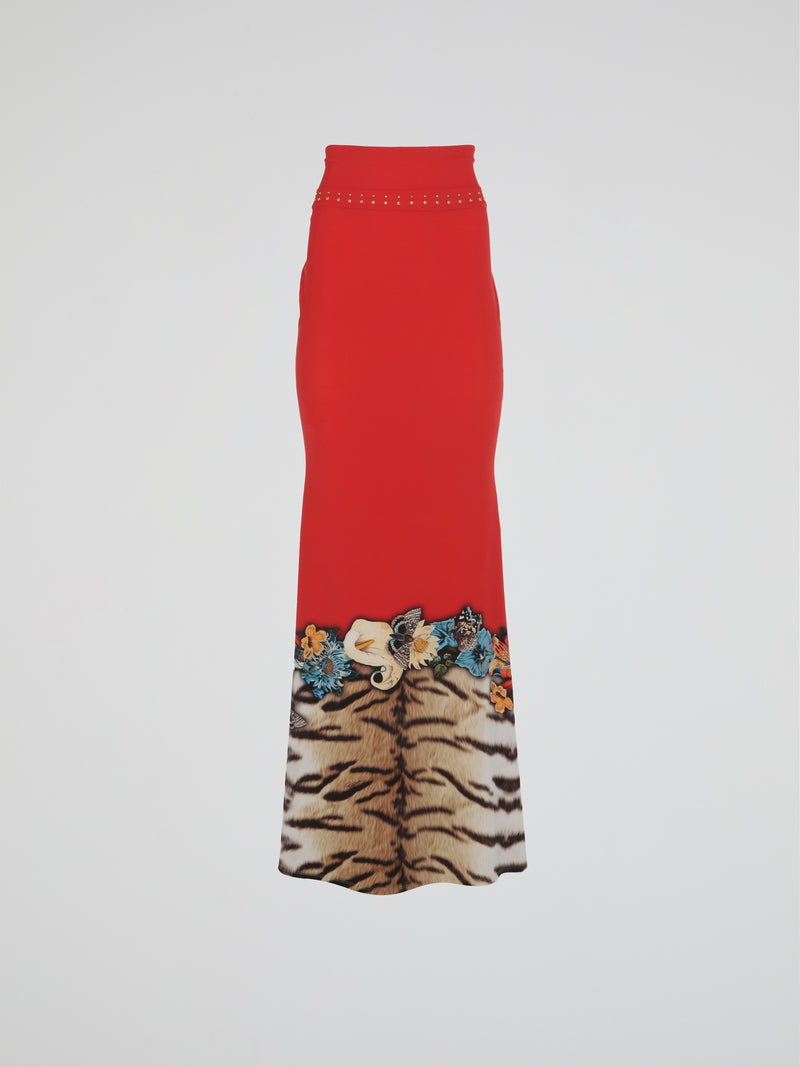 Red Animal Print Maxi Skirt