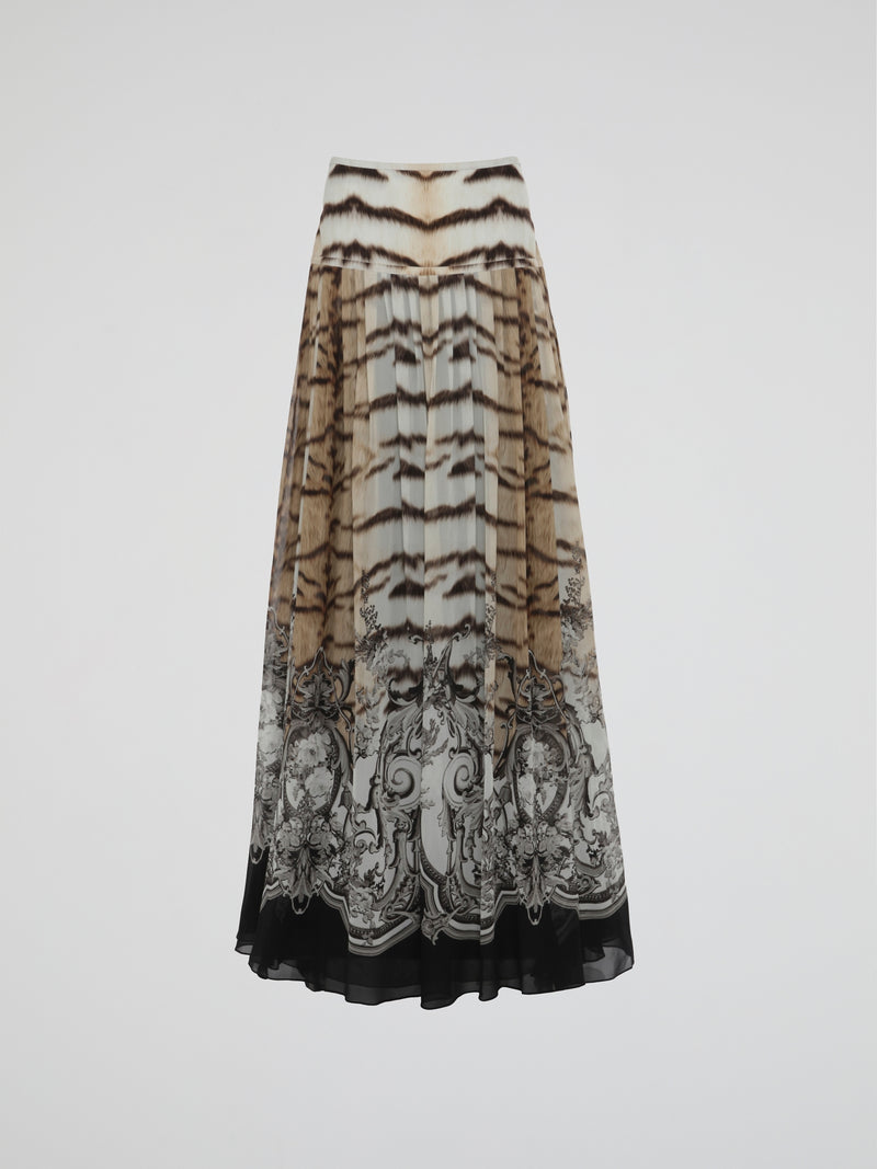 Baroque Print Pleated Maxi Skirt