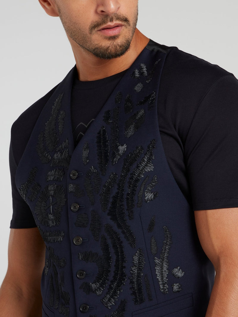 Navy Embroidered Wool Vest