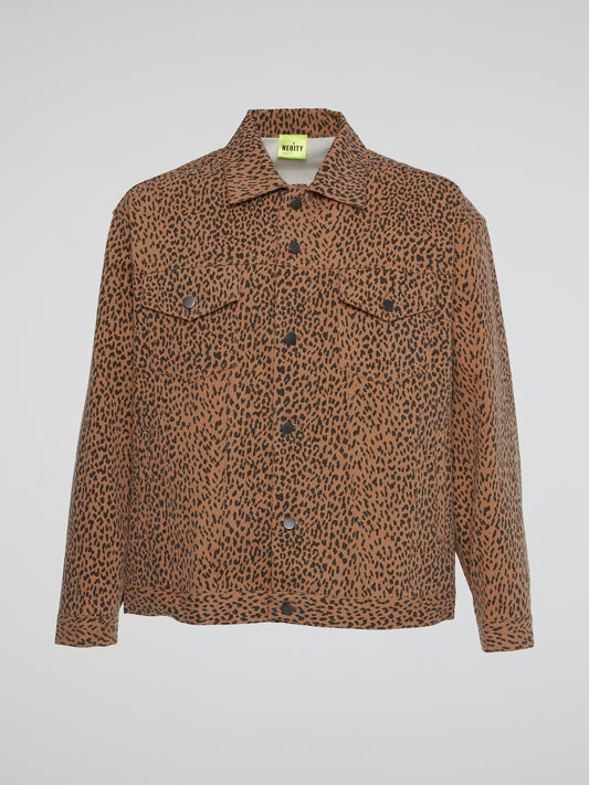 Brown Leopard Print Button Down Denim Jacket