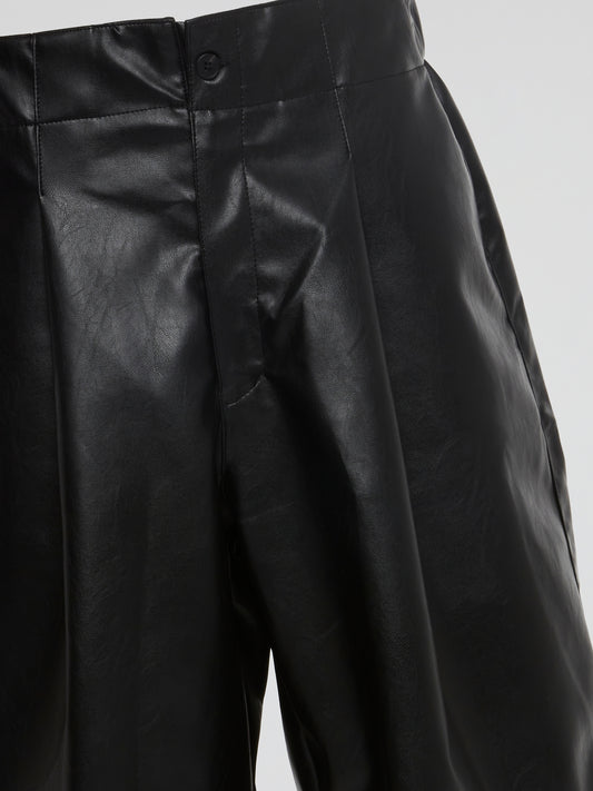 Black Vegan Leather Pleated Bermuda Shorts