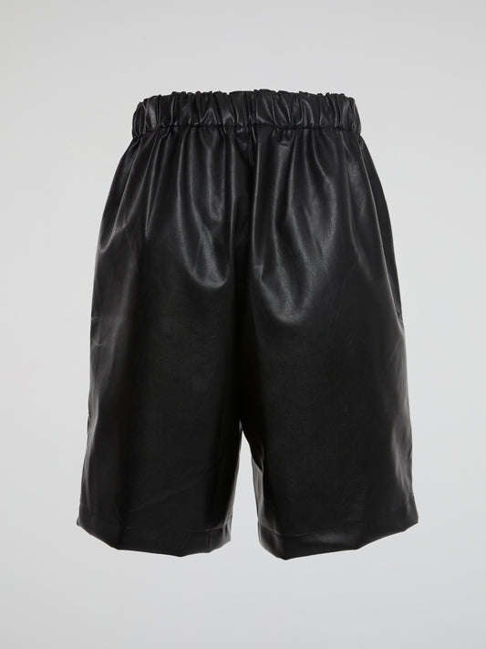 Black Vegan Leather Pleated Bermuda Shorts