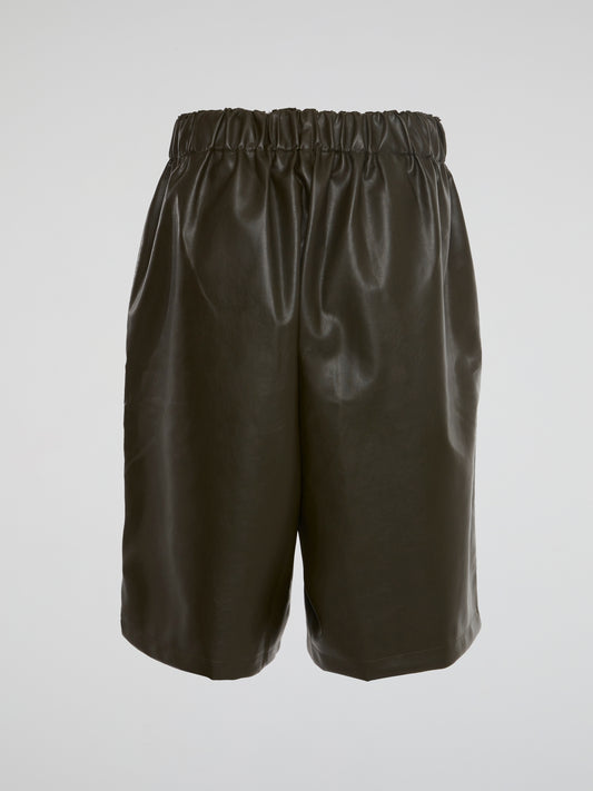 Green Vegan Leather Pleated Bermuda Shorts