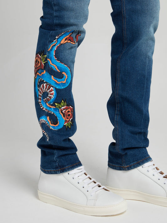 Blue Snake Print Jeans