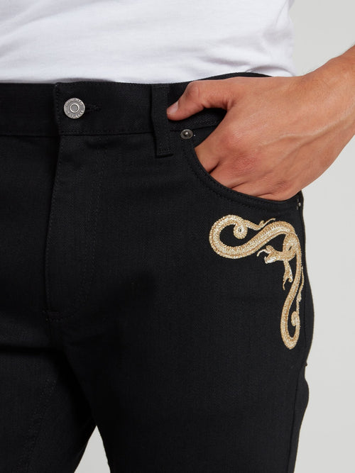 Black Snake Embroidered Jeans