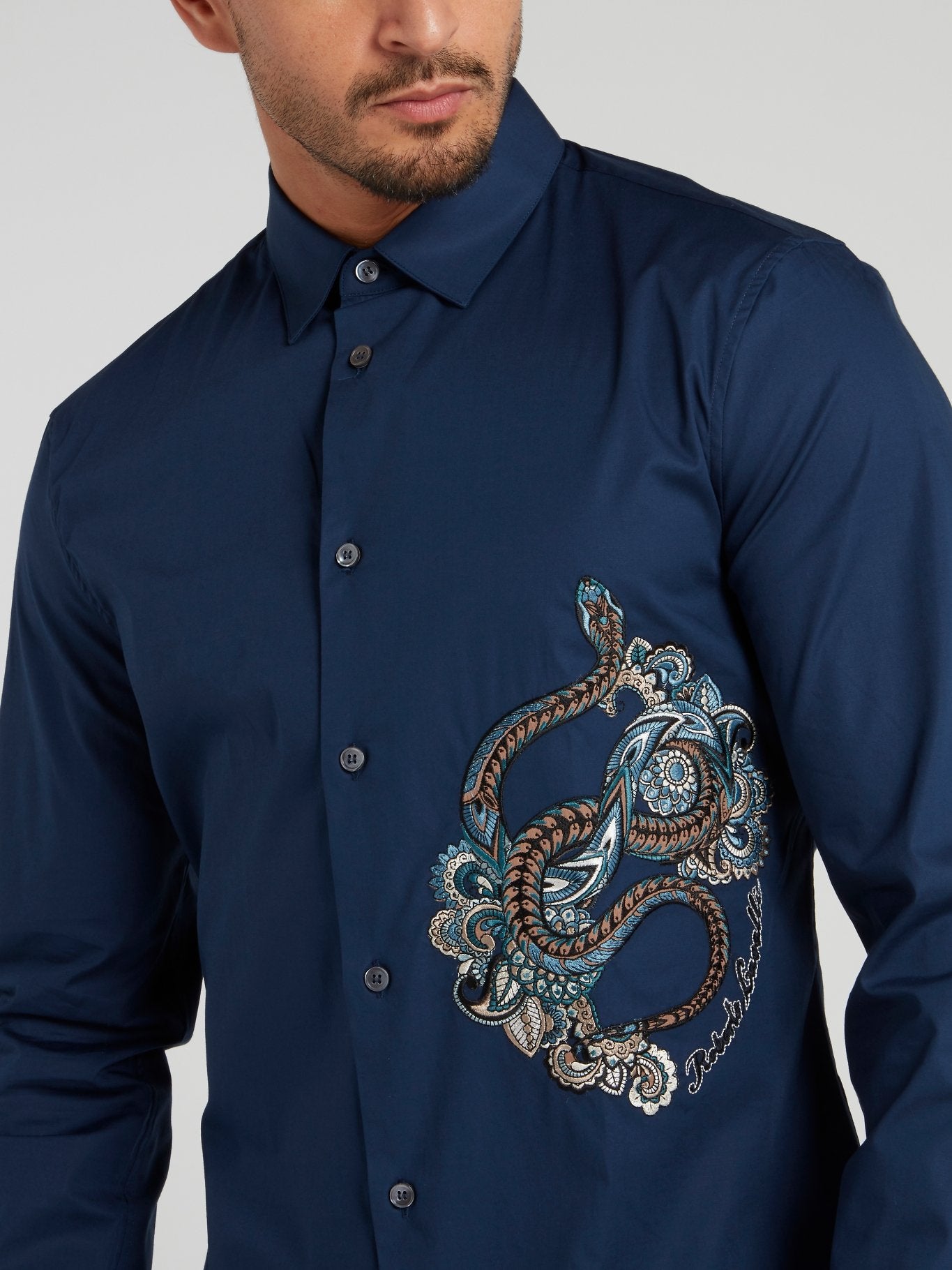 Navy Embroidered Long Sleeve Shirt