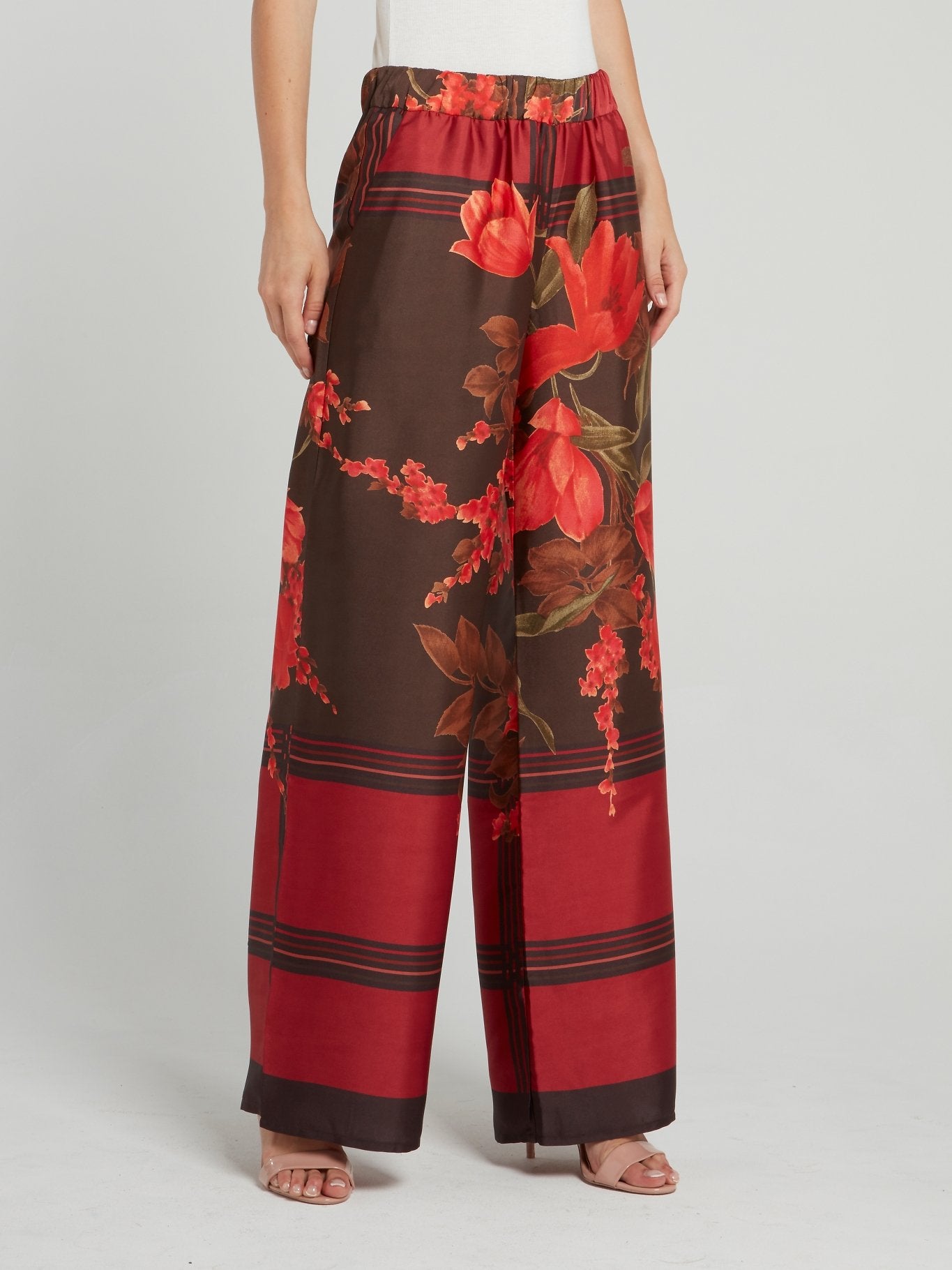Red Check Floral Wide Leg Pants