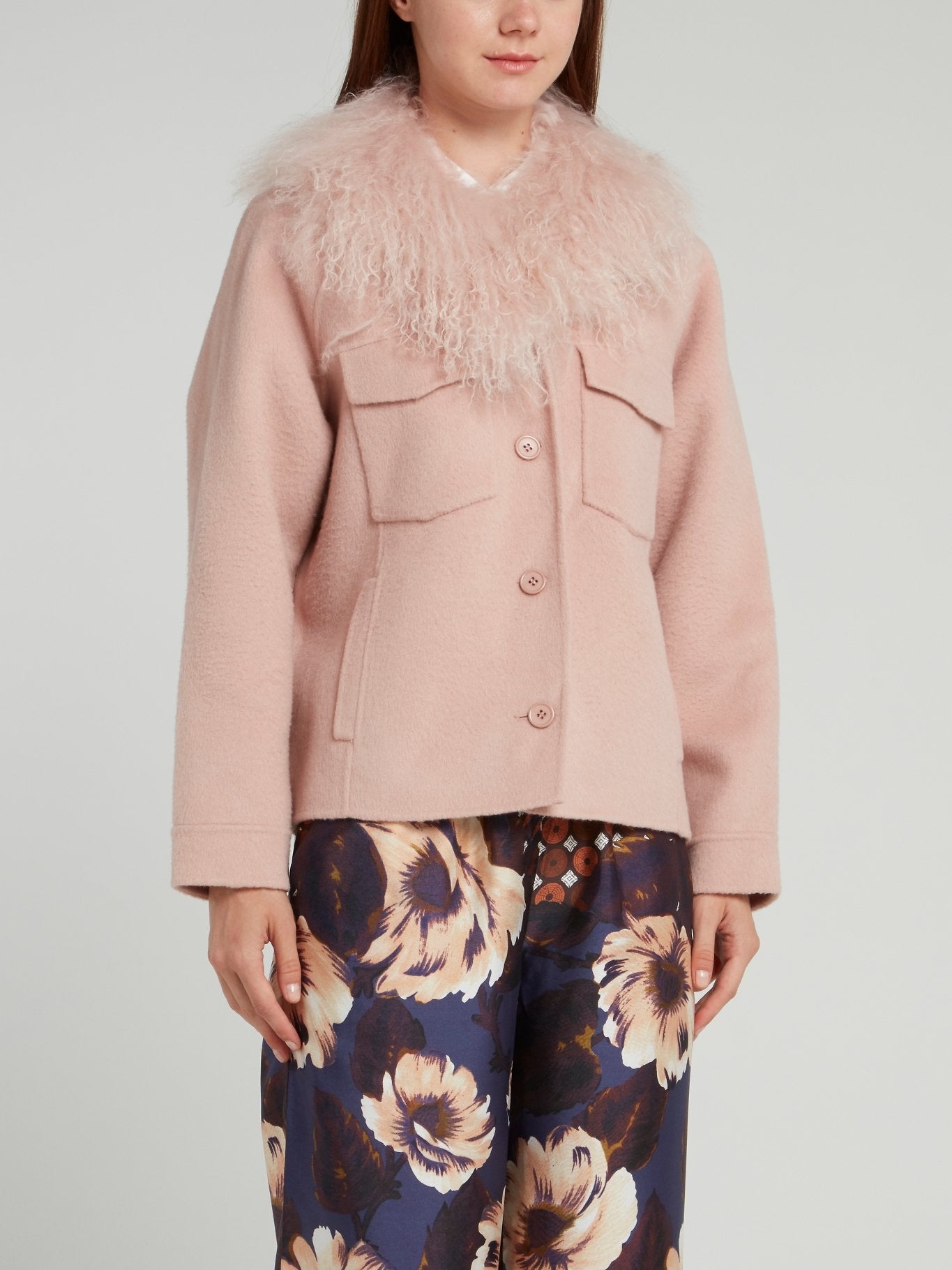 Pink Fur Neck Wool Jacket