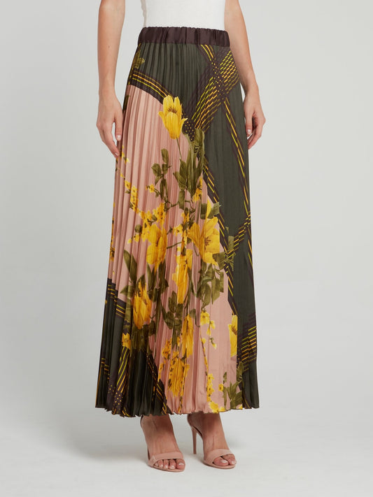 Olive Check Floral Pleated Maxi Skirt